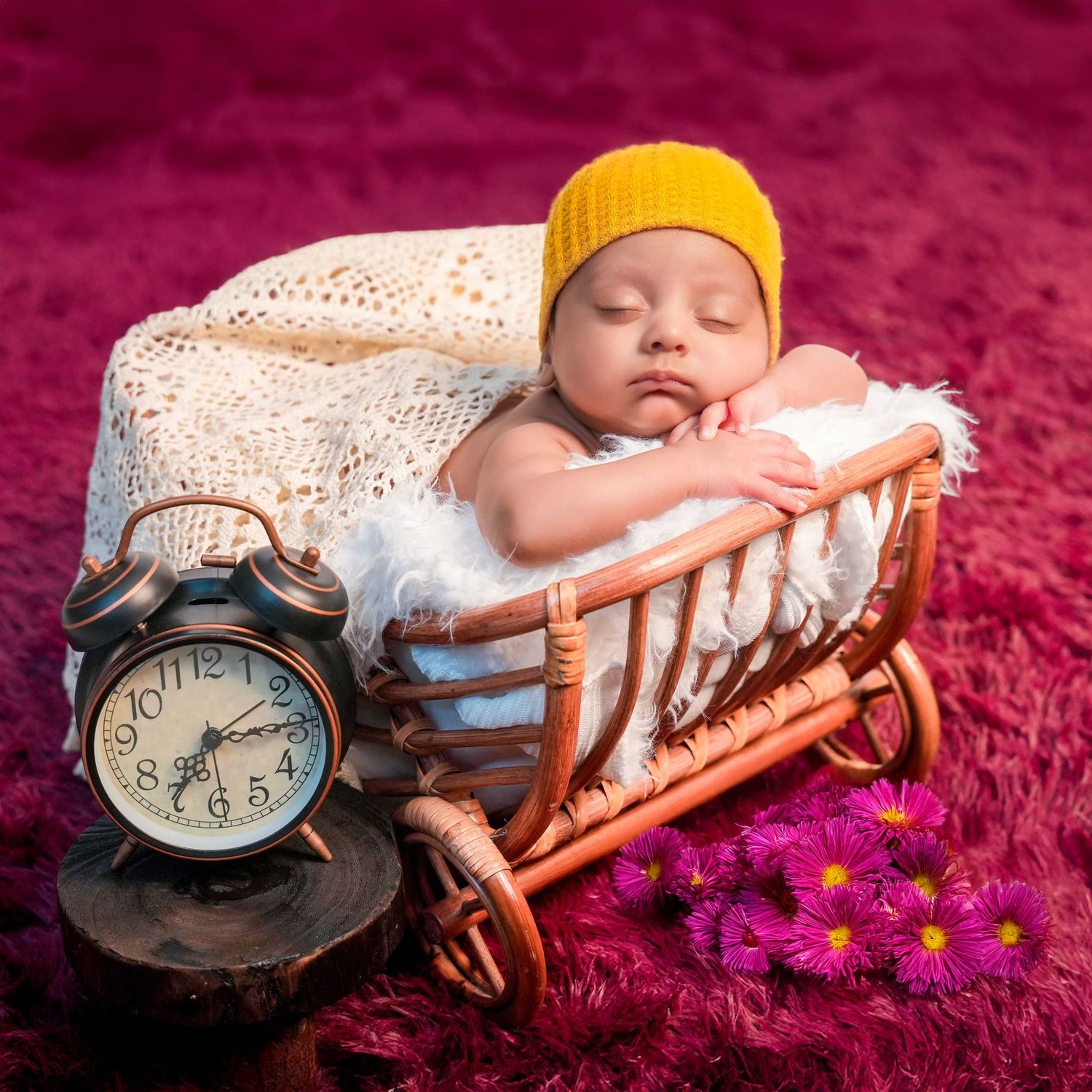 Vintage-themed newborn setup with alarm clock and wooden decorations on burgundy backdrop.
