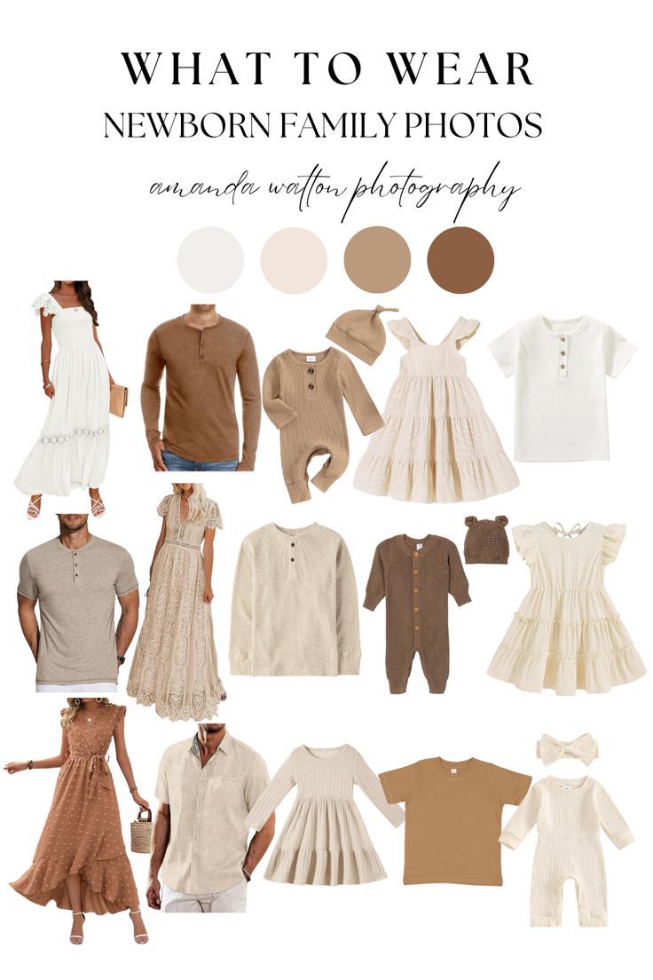 Fashion mood board showing neutral colored clothing and outfits in beige, cream and brown tones for family photos.