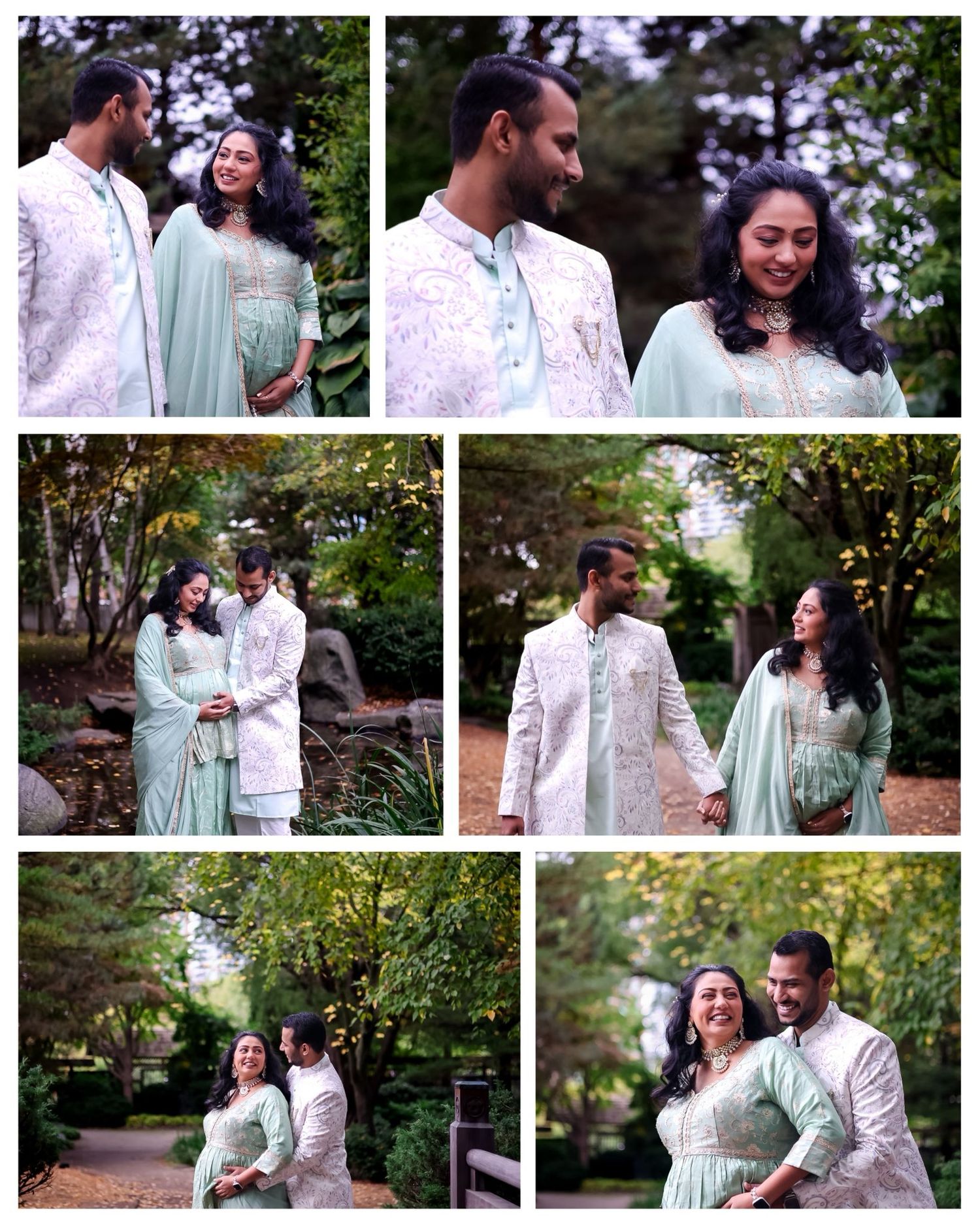 Collection of romantic maternity photos taken outdoors featuring couple in coordinated traditional outfits.