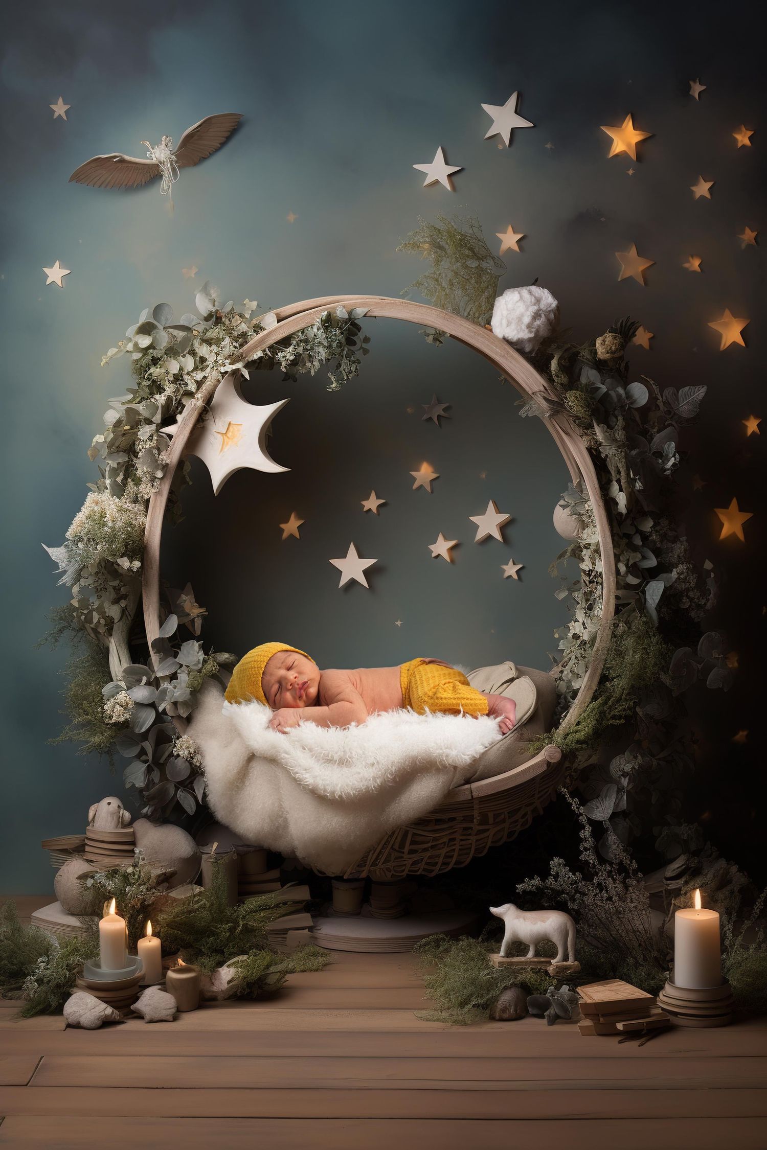 Enchanting newborn photography set with moon cradle and hanging stars in dark backdrop.