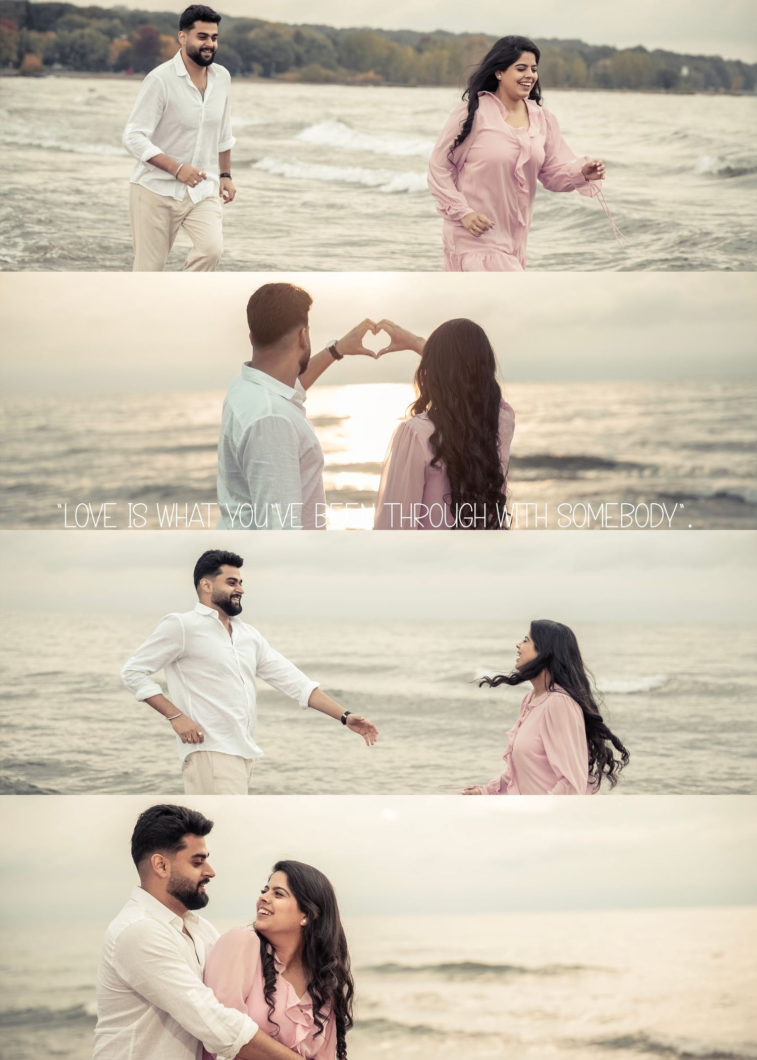 A couple enjoys playful moments on a beach at sunset wearing coordinated pink and white outfits.