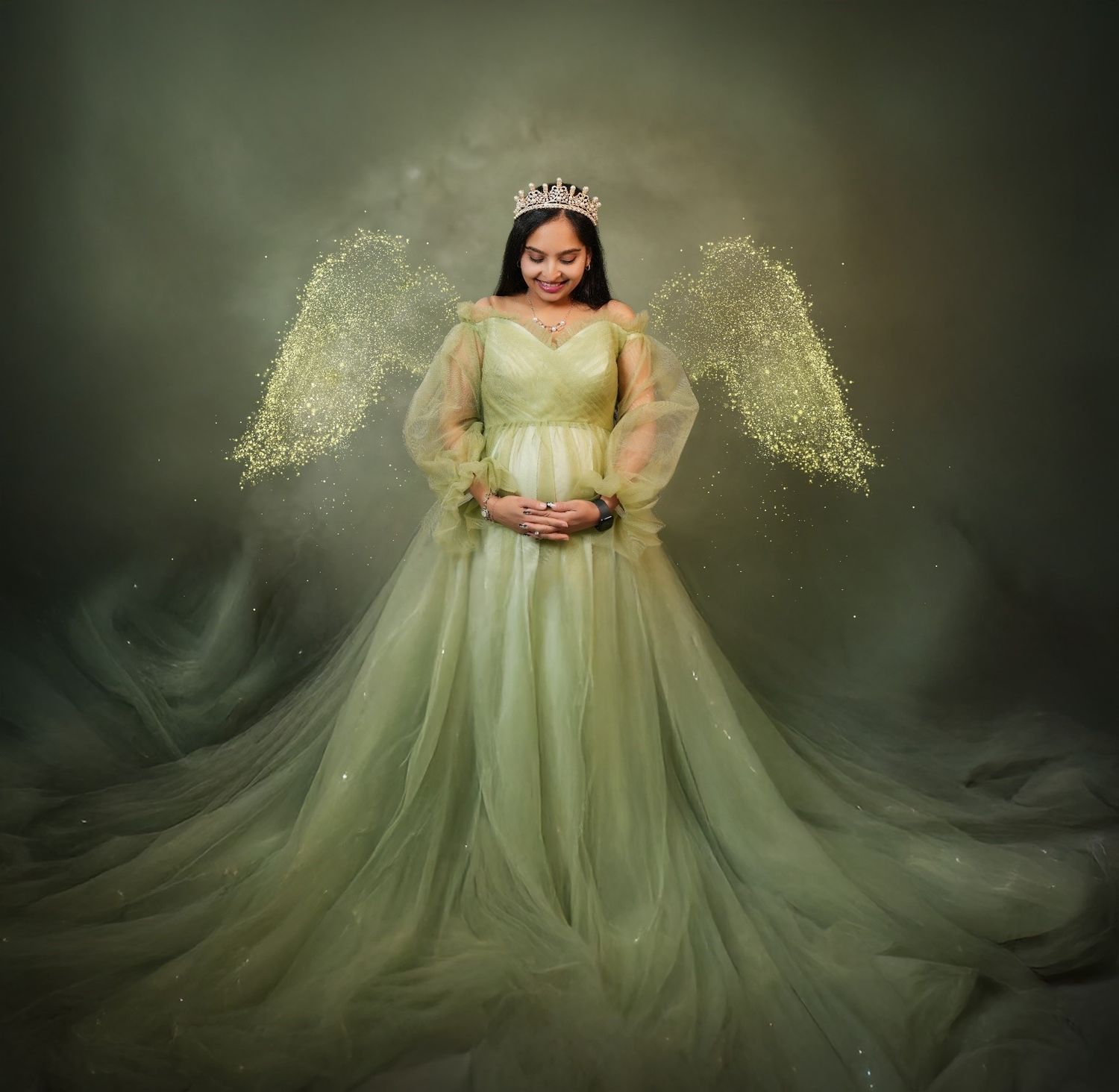 Ethereal maternity photoshoot featuring flowing yellow-green dress against dark moody backdrop.