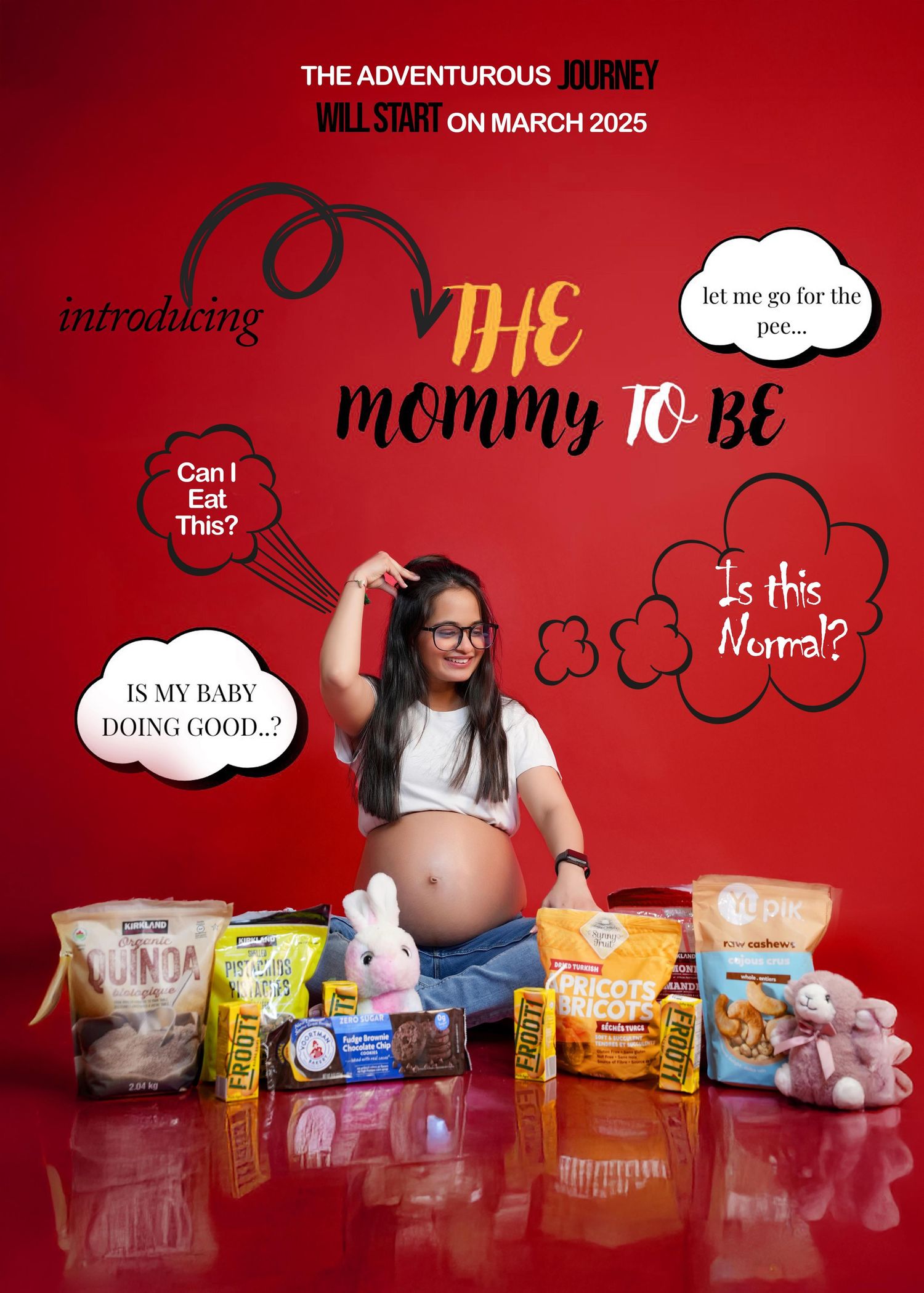Creative pregnancy announcement banner with text overlays and baby products on red backdrop.