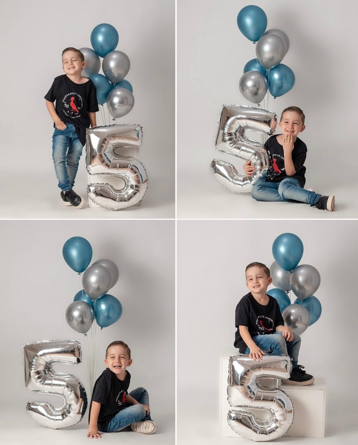 Birthday photoshoot with blue and silver balloons and number 5 balloon.