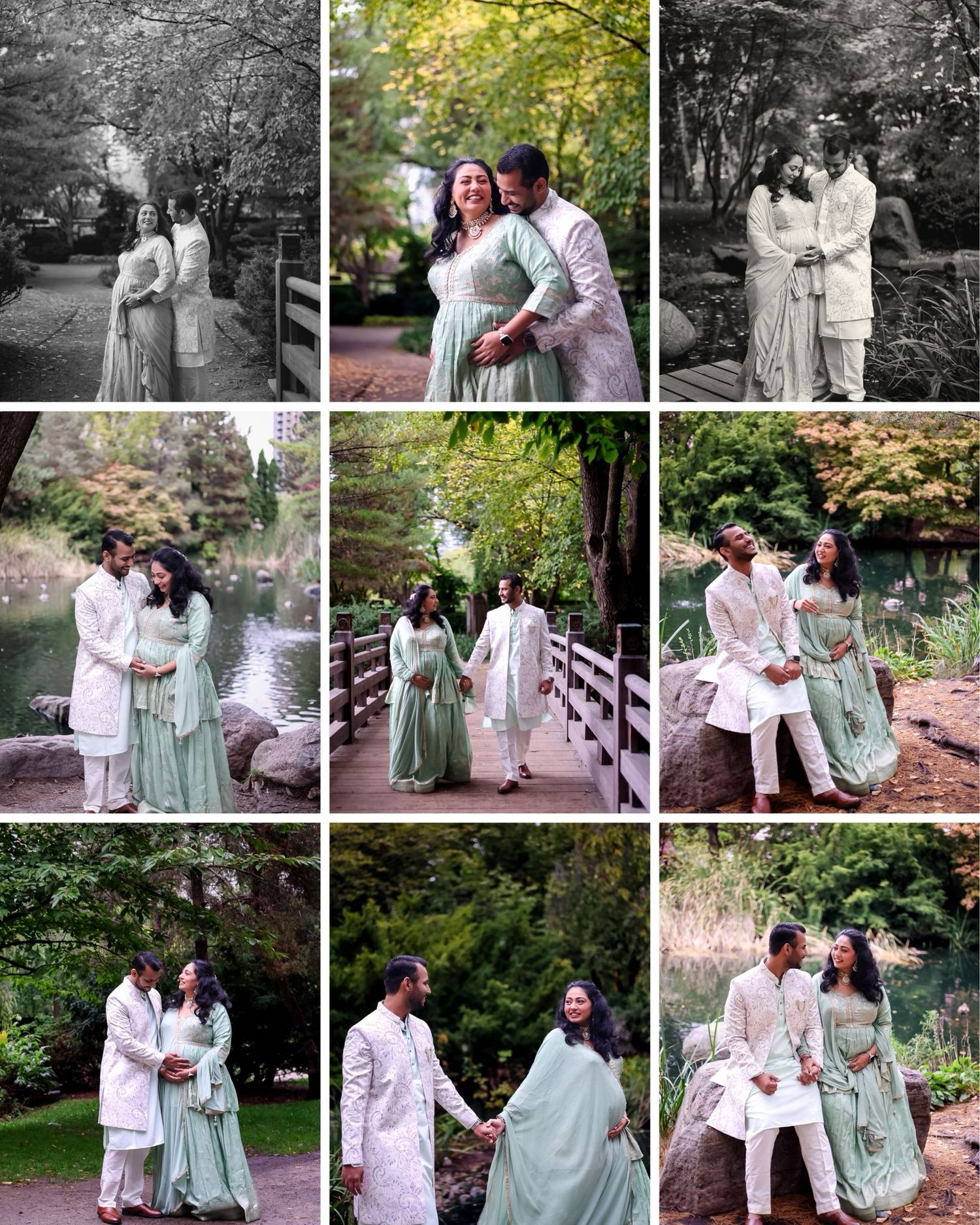 Collage of black and white maternity photos showing couple in garden setting.