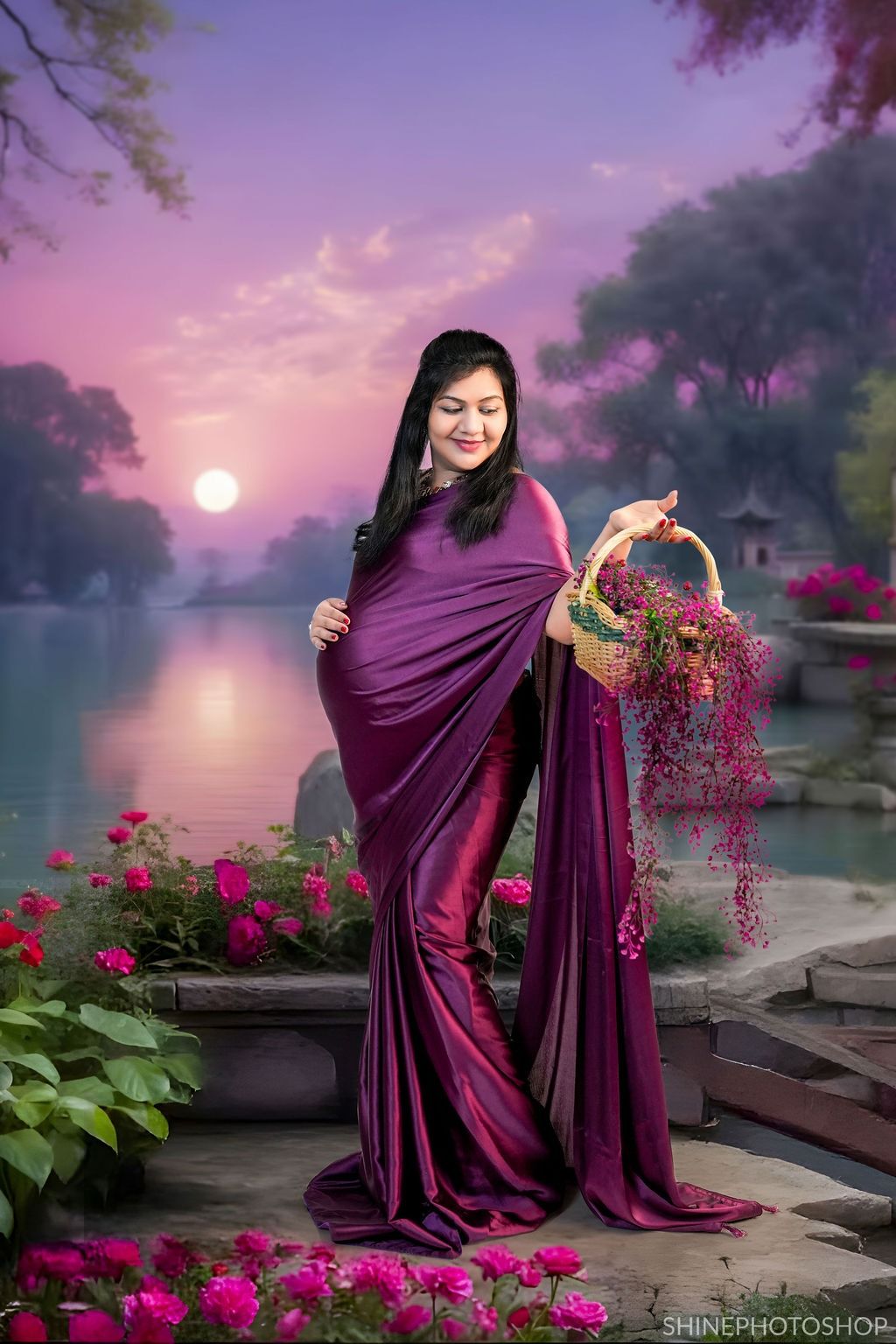 Maternity photography at sunset featuring a purple gown and lakeside setting with blooming flowers.