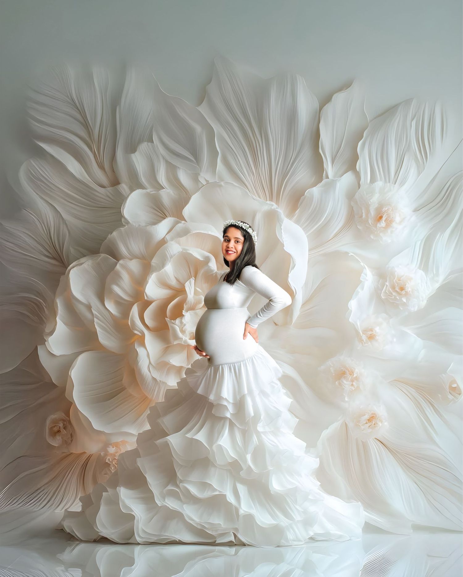 Artistic paper flower installation in white with delicate petals creating a dreamy backdrop.