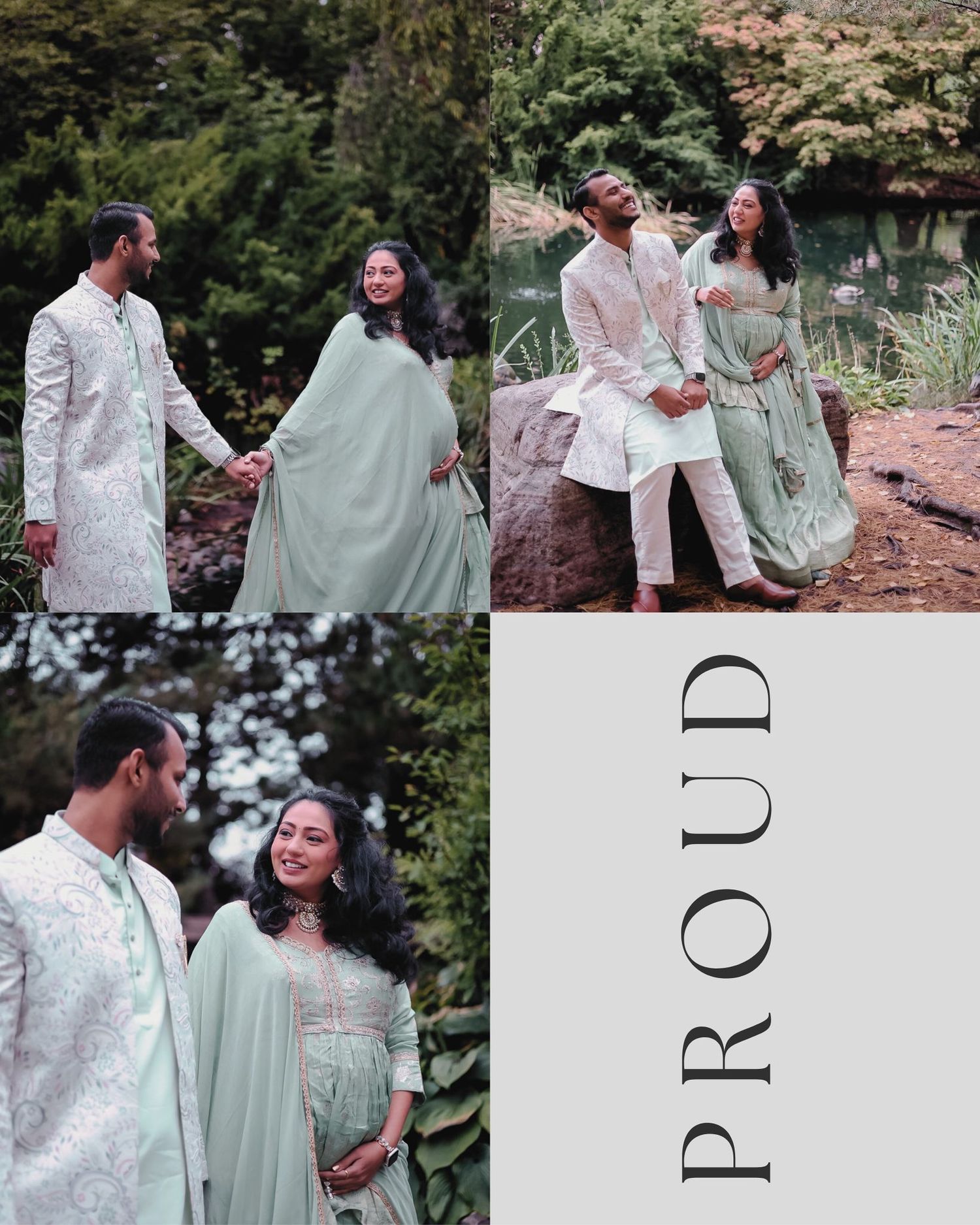 A collection of romantic couple photos in a park setting with text overlay.