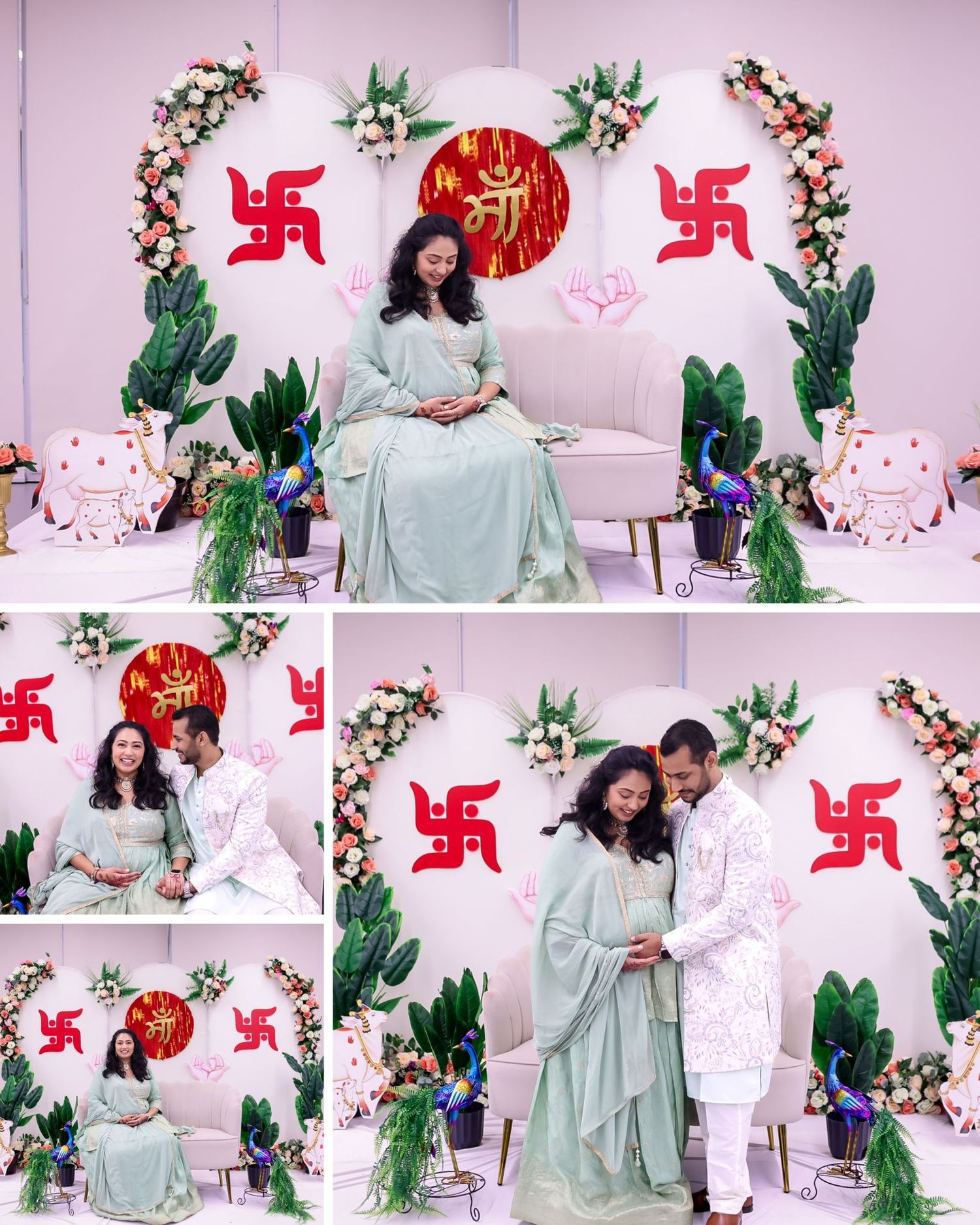 Indoor baby shower setup with pink backdrop, floral arrangements and traditional Hindu symbols.