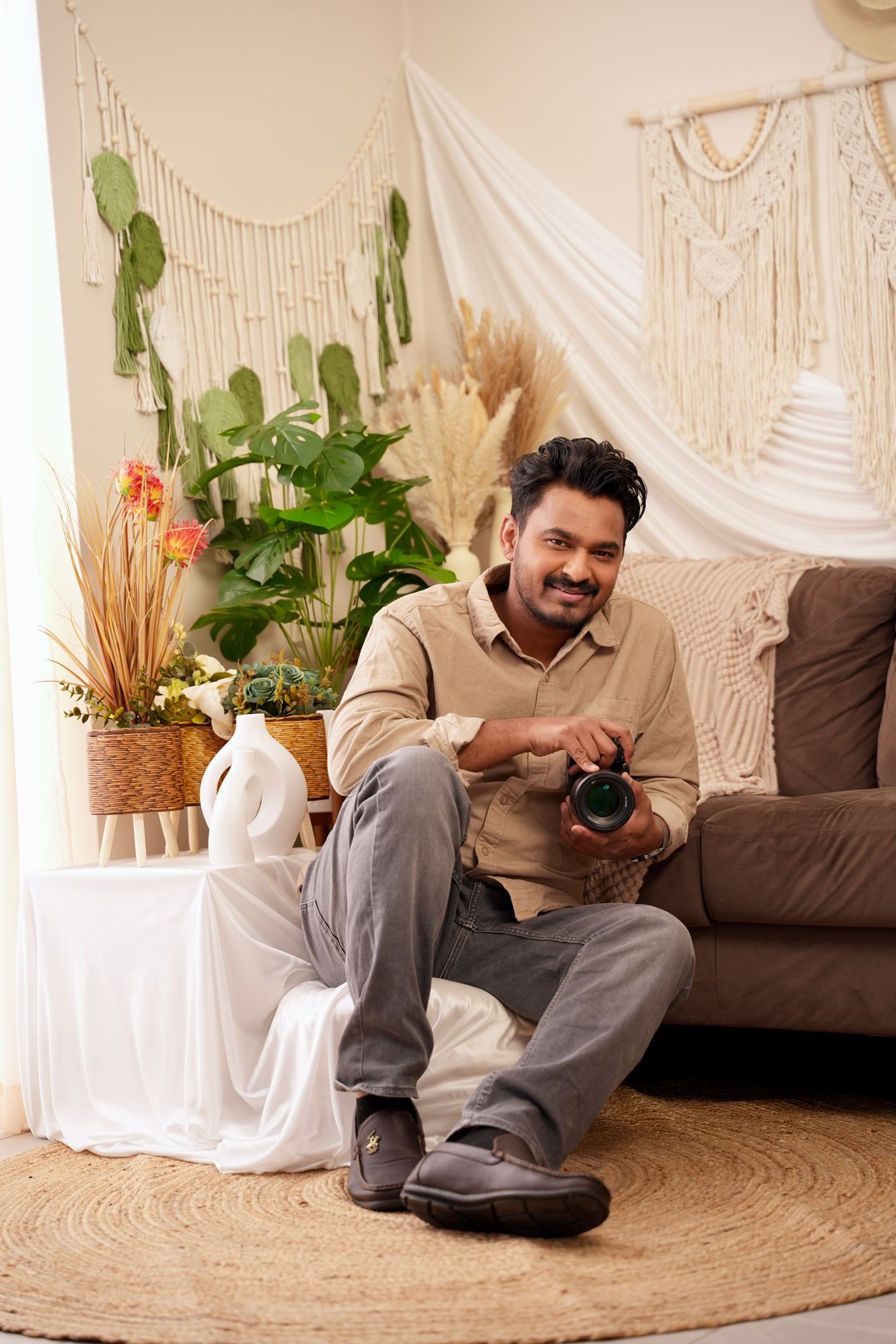 Three connected images show someone relaxing on a couch with macrame wall decor and plants in a bohemian-style setting.