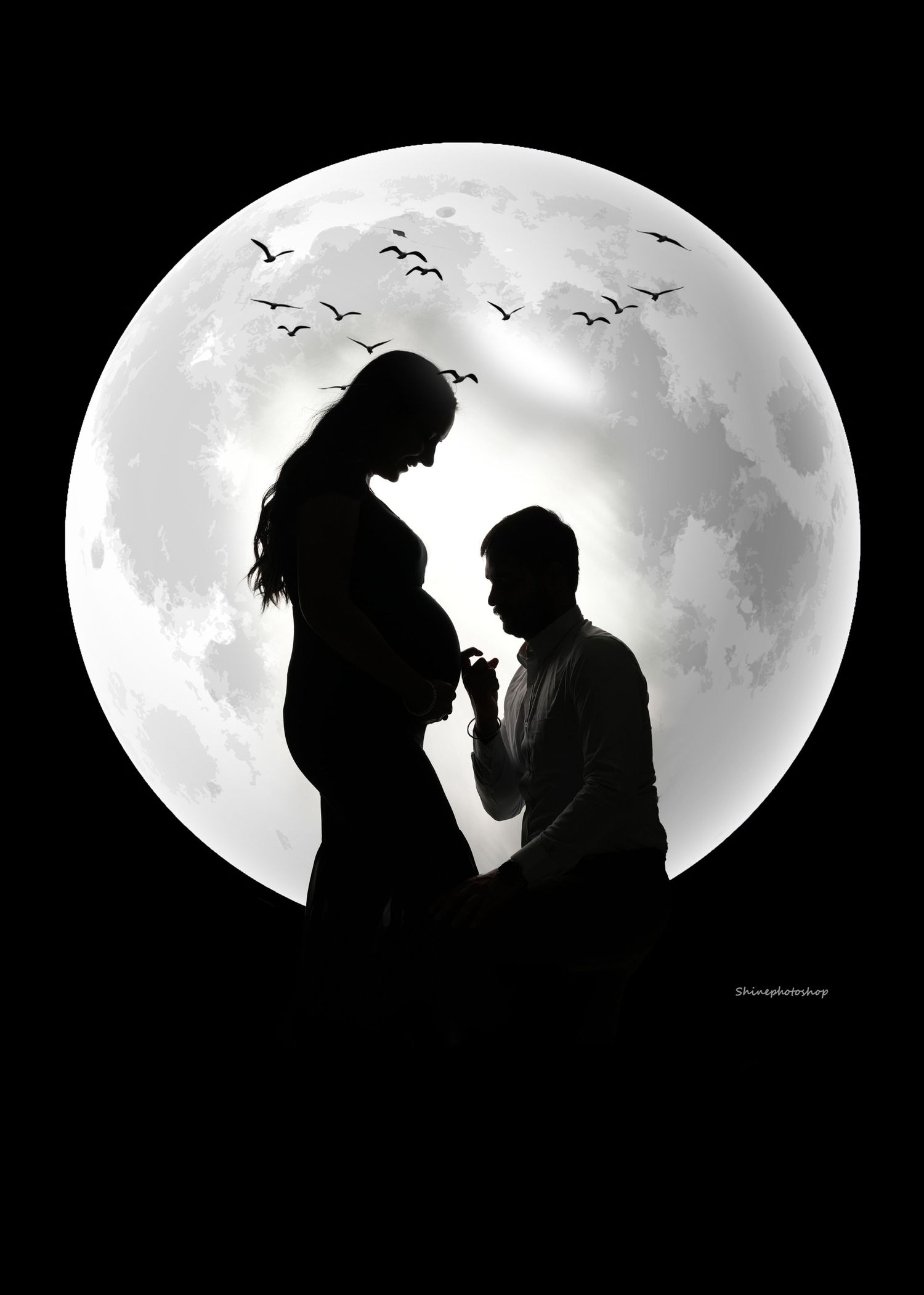 Romantic silhouettes against a full moon backdrop with flying birds.