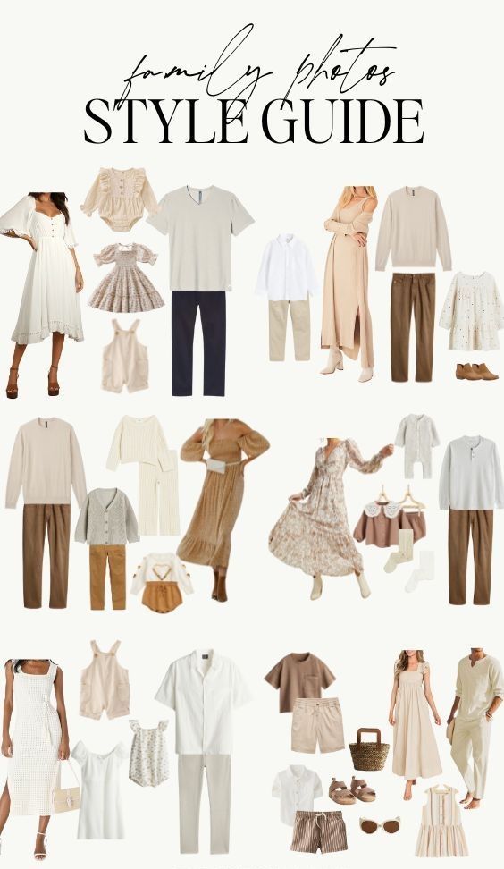 Family photo style guide featuring coordinated neutral outfits in beige, cream, and white tones arranged in a collage format.