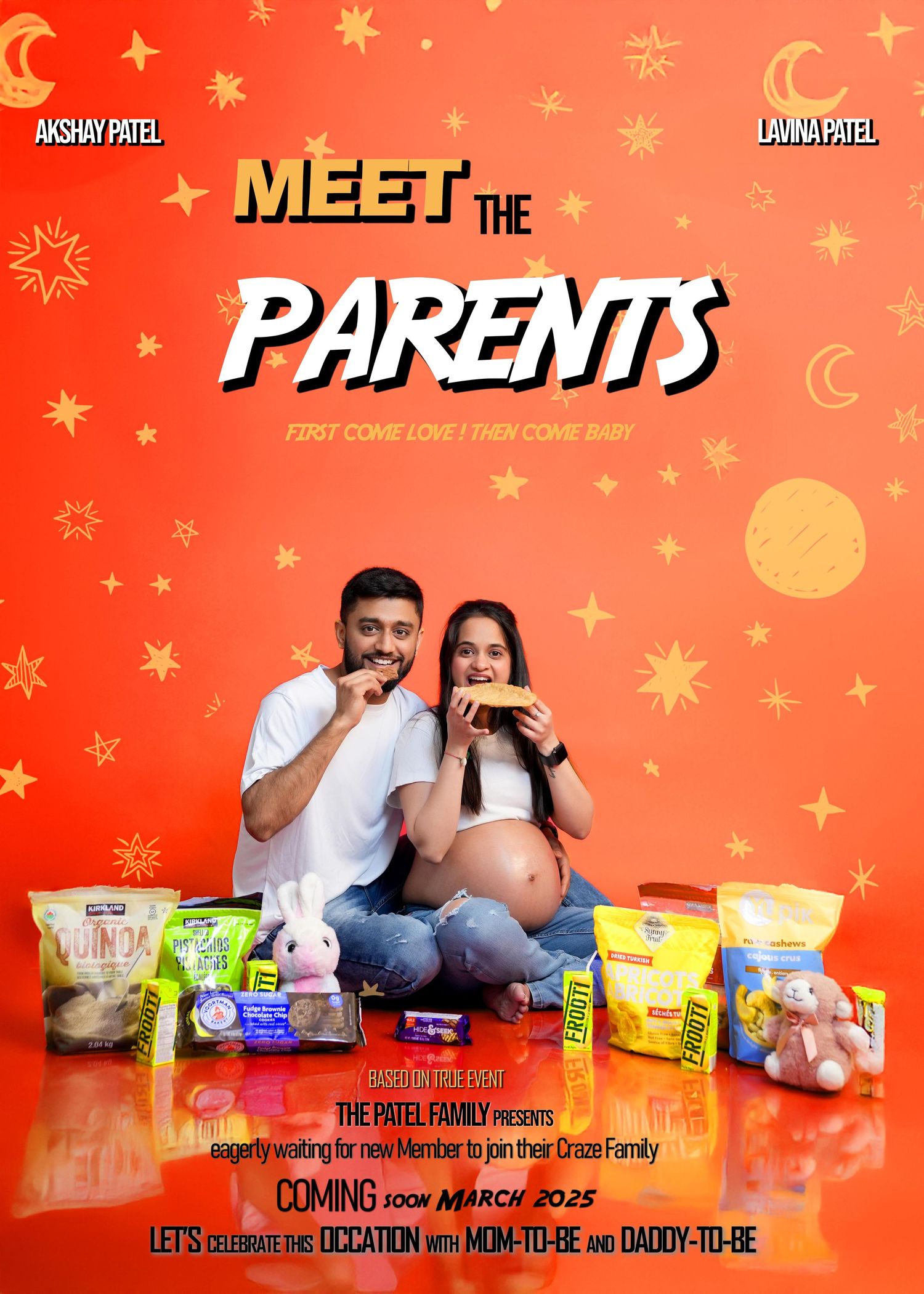 Family announcement poster with orange background and decorative stars and moons.
