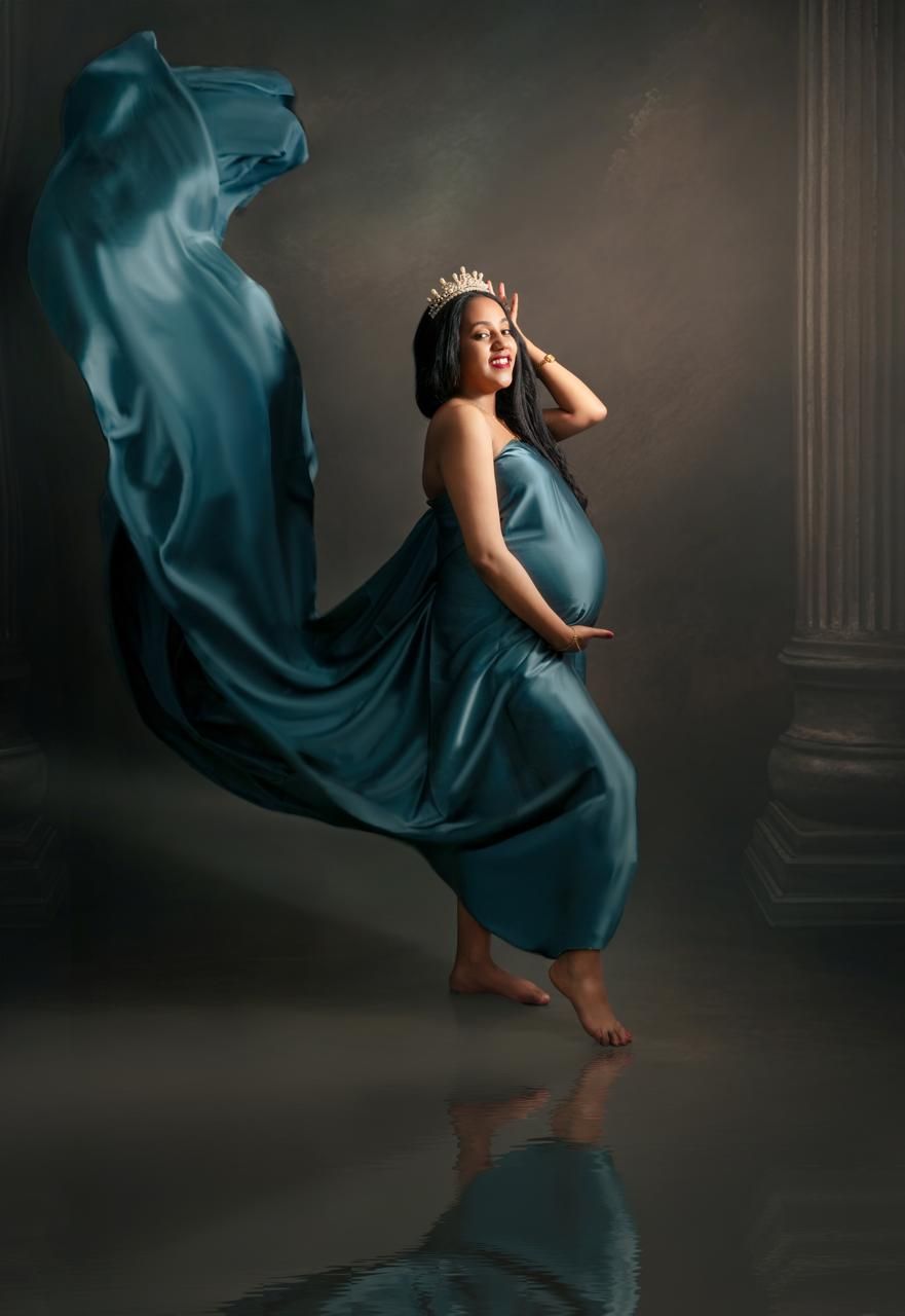 Artistic photo series showing flowing teal fabric in motion against a moody dark backdrop with dramatic lighting.