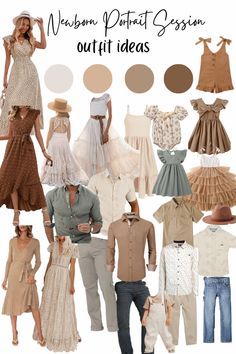 Neutral and earth-toned wardrobe mood board featuring flowy dresses, button-up shirts, and casual outfits in beige and brown.