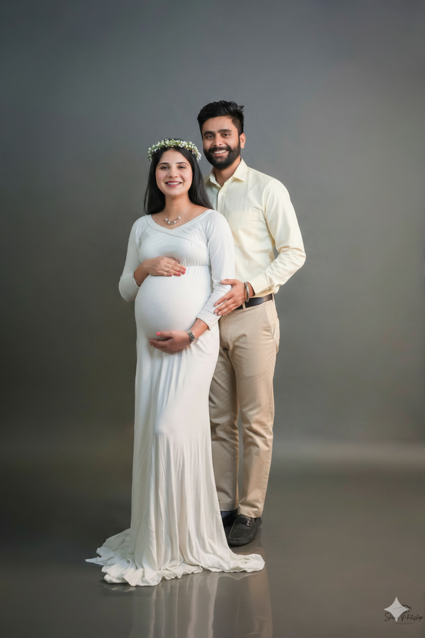 Couple poses for formal maternity portrait in white gown and casual attire against grey background.