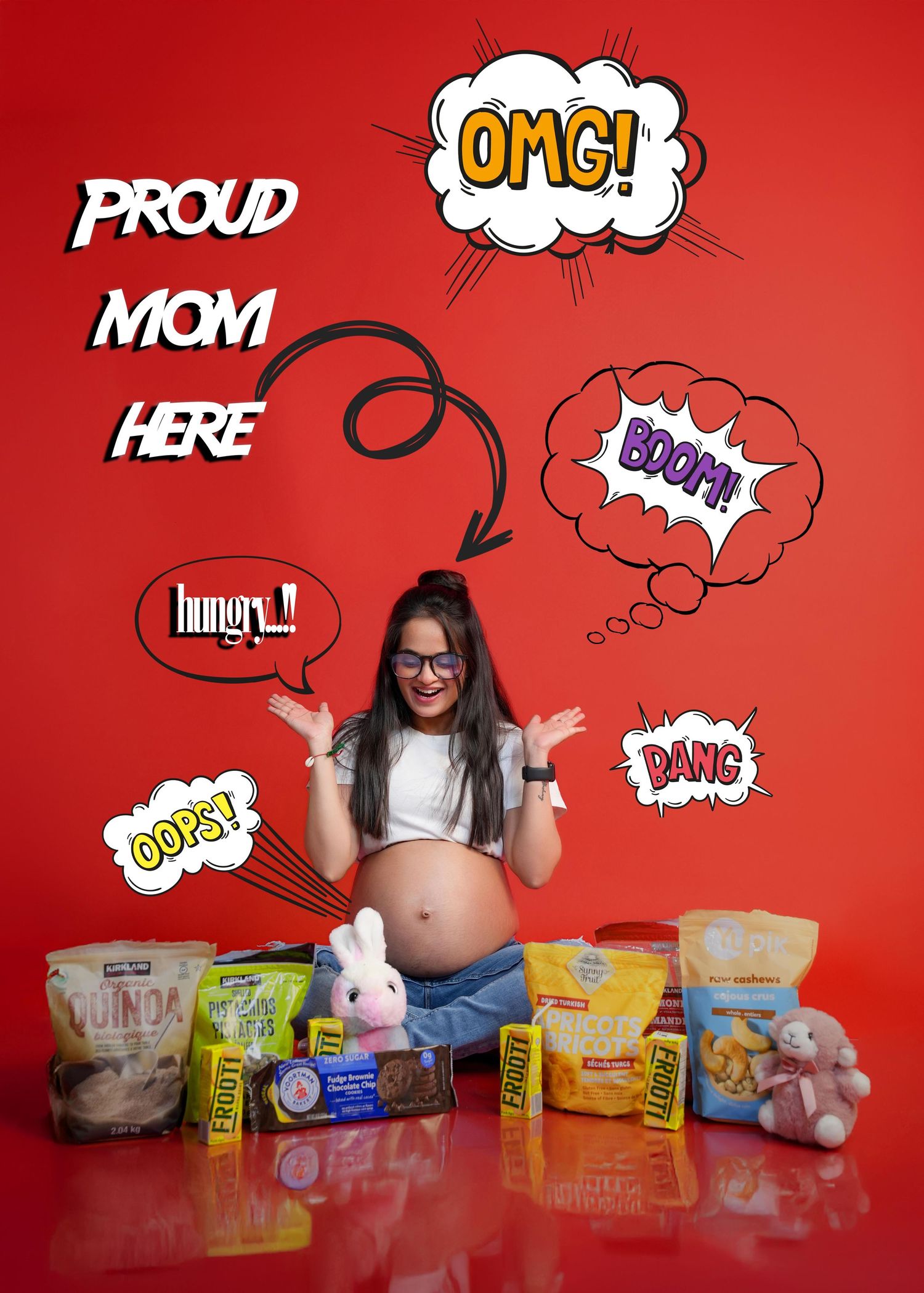 Pregnancy announcement with baby products and comic book style speech bubbles on red background.
