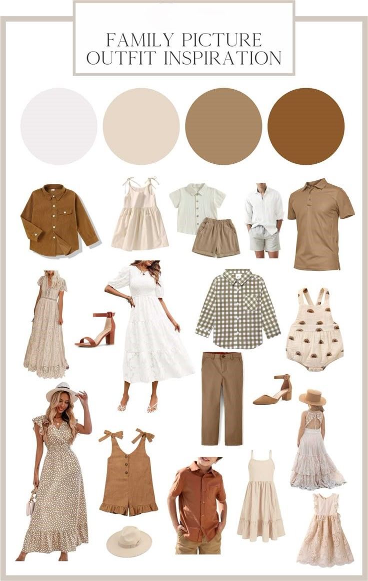Fashion mood board showing coordinated family outfits in neutral earth tones with beige, brown and cream colored clothing.