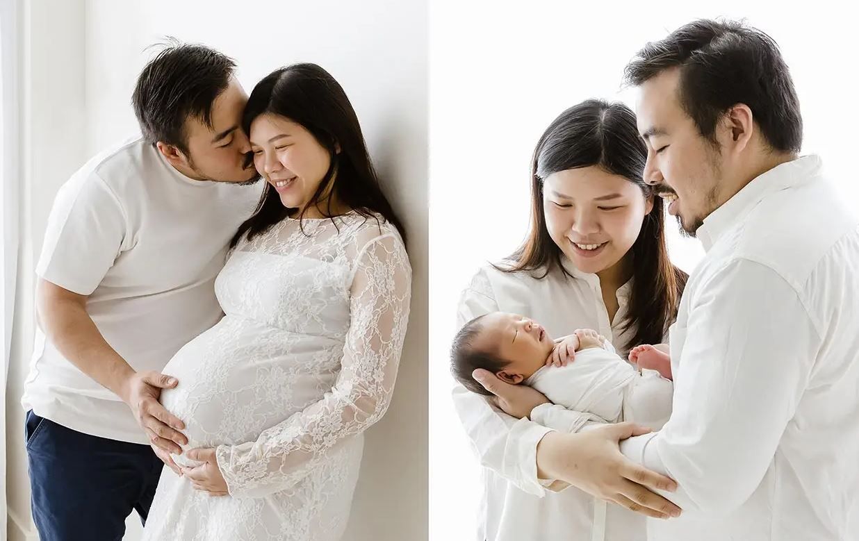 Series of tender maternity and newborn photos showing family's journey.