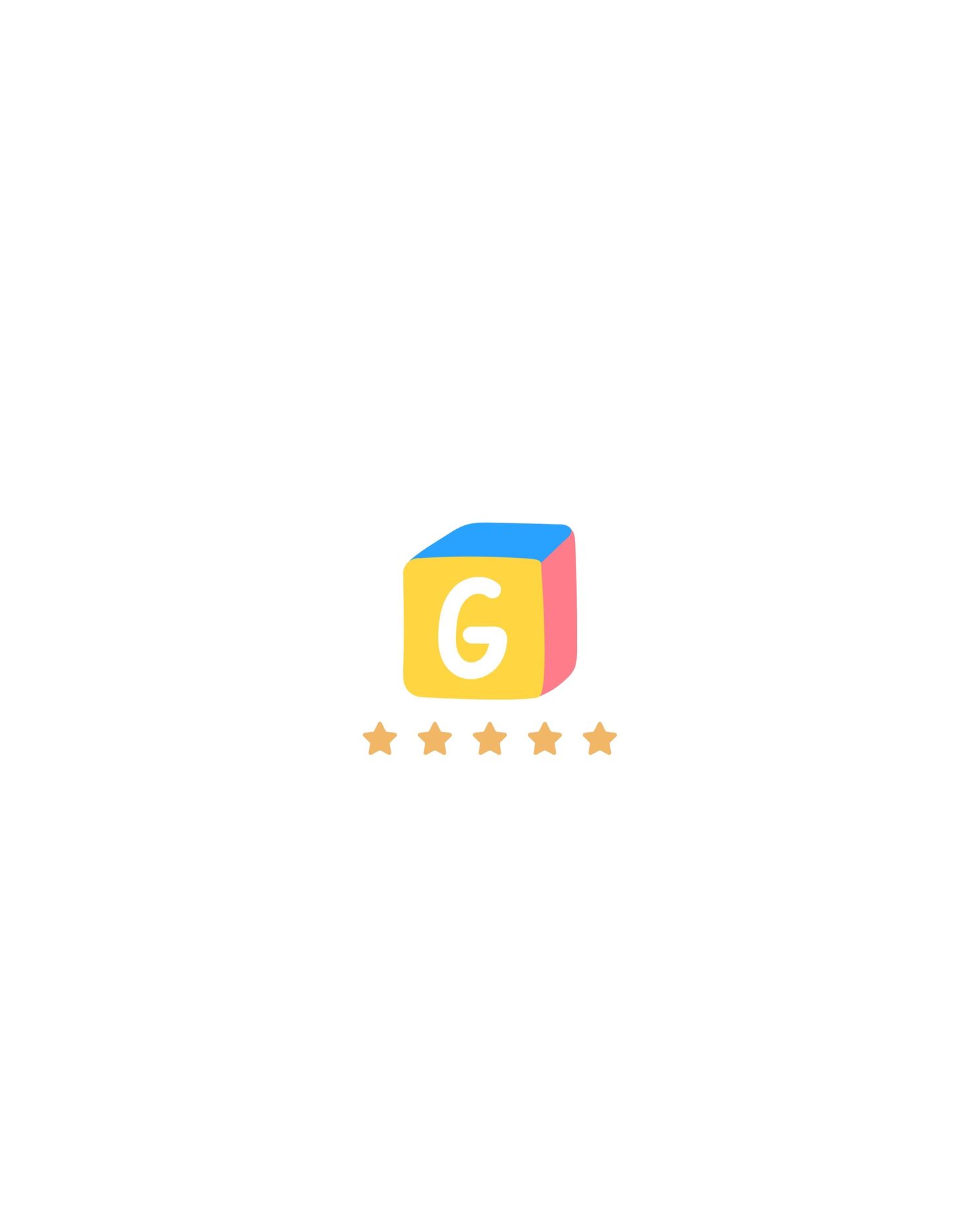 A bright yellow star rating icon with five stars displayed in a row against a white background.