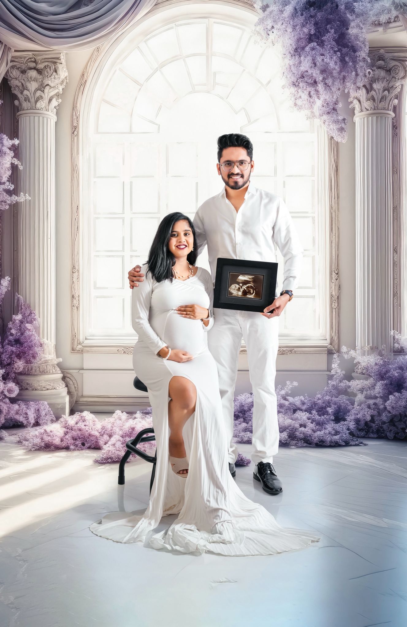 Elegant maternity photoshoot in white room with purple floral decor and ultrasound photo.