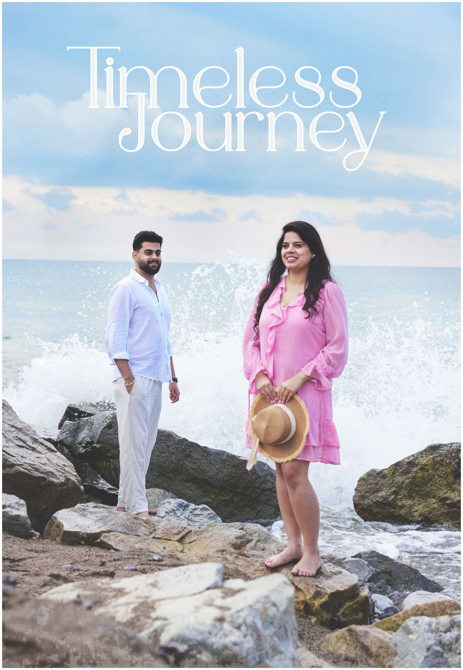 A couple explores rocky coastal terrain with crashing waves and 'Timeless Journey' text overlay.