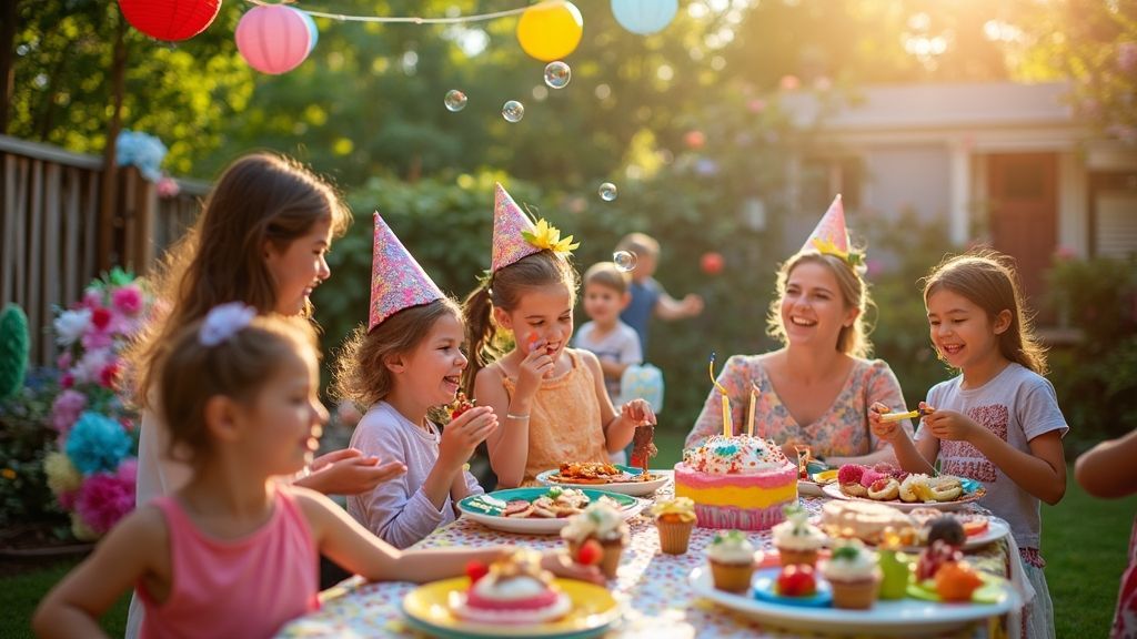 Friends enjoy an outdoor summer dinner party with string lights and colorful decorations at sunset.