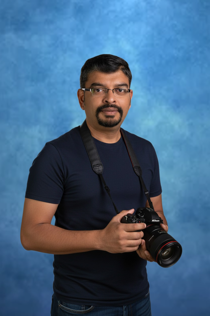 Professional headshots of photographer with camera against blue backdrop.