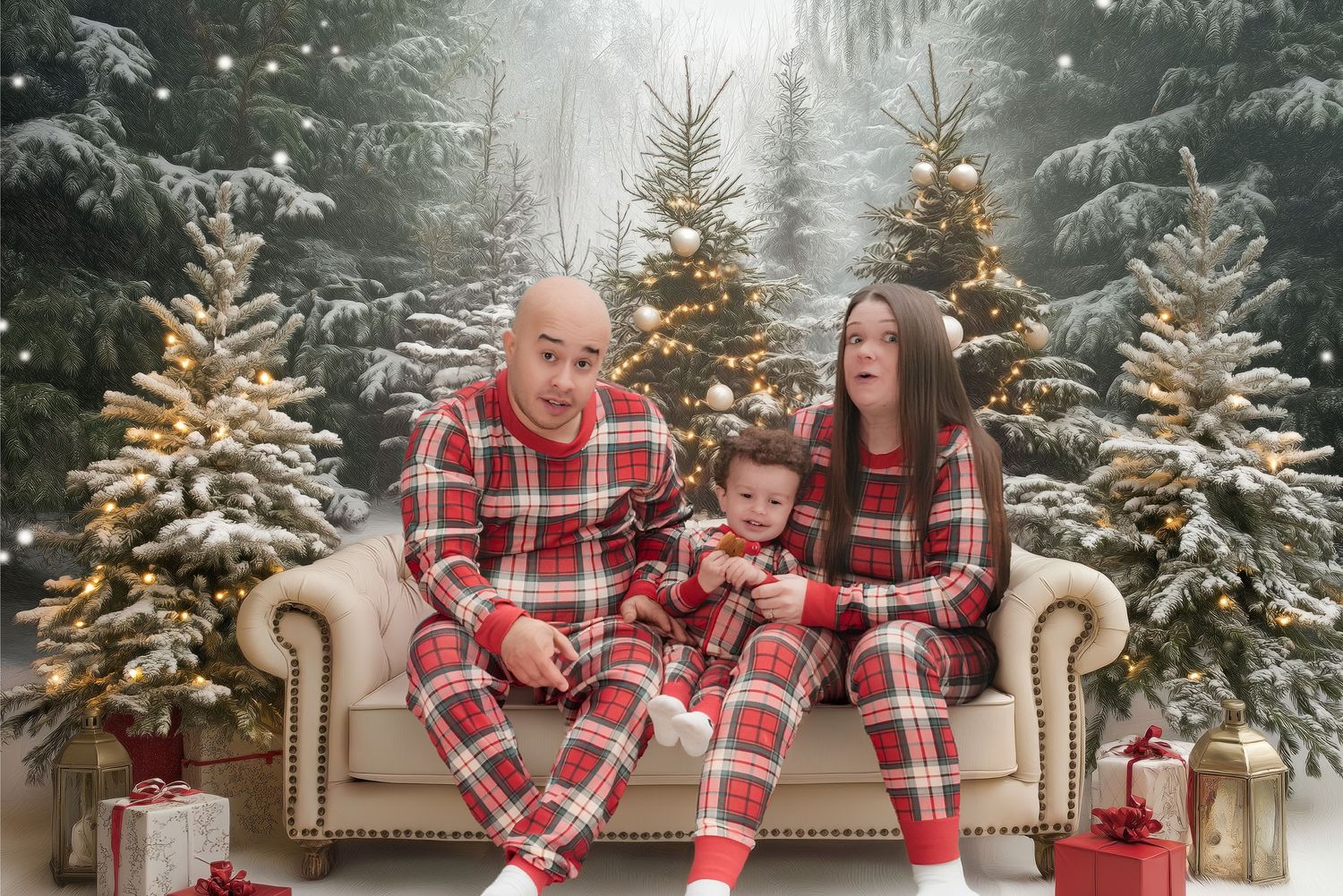 A festive winter scene with snow-covered evergreen trees and a cozy plaid-themed holiday photoshoot setup outdoors.