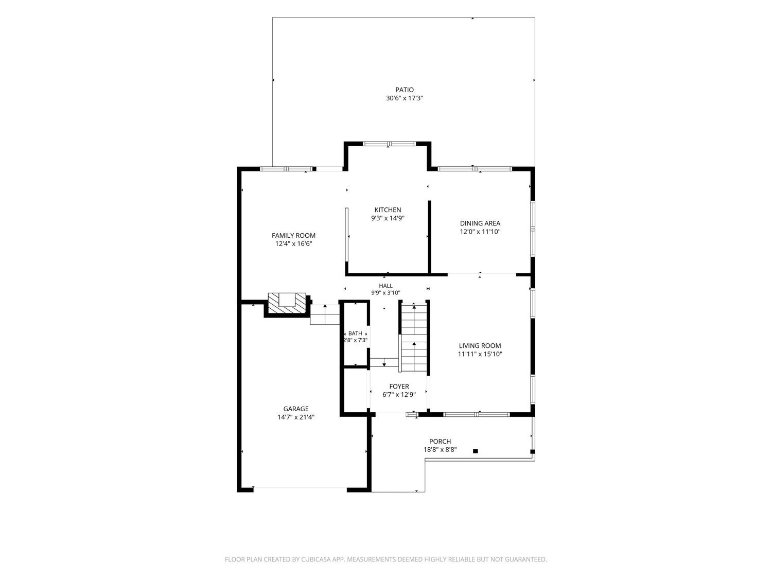Black and white floor plan showing a single-story home layout with family room, kitchen, dining, living room, garage, and porch.