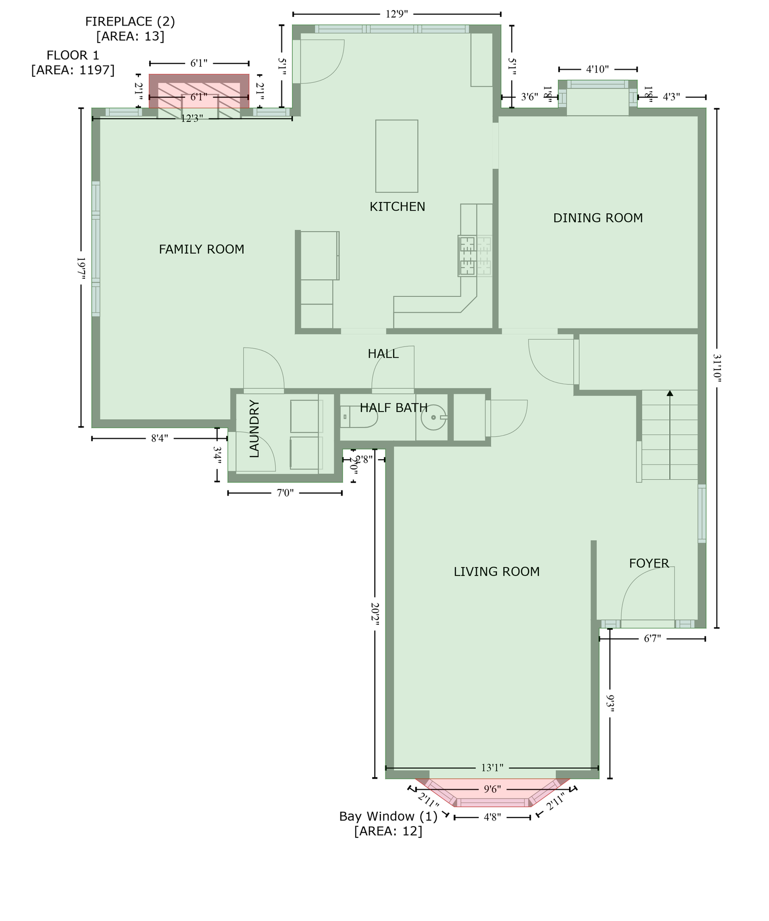 Color-coded floor plan highlighting kitchen, living room, and family room spaces in green.