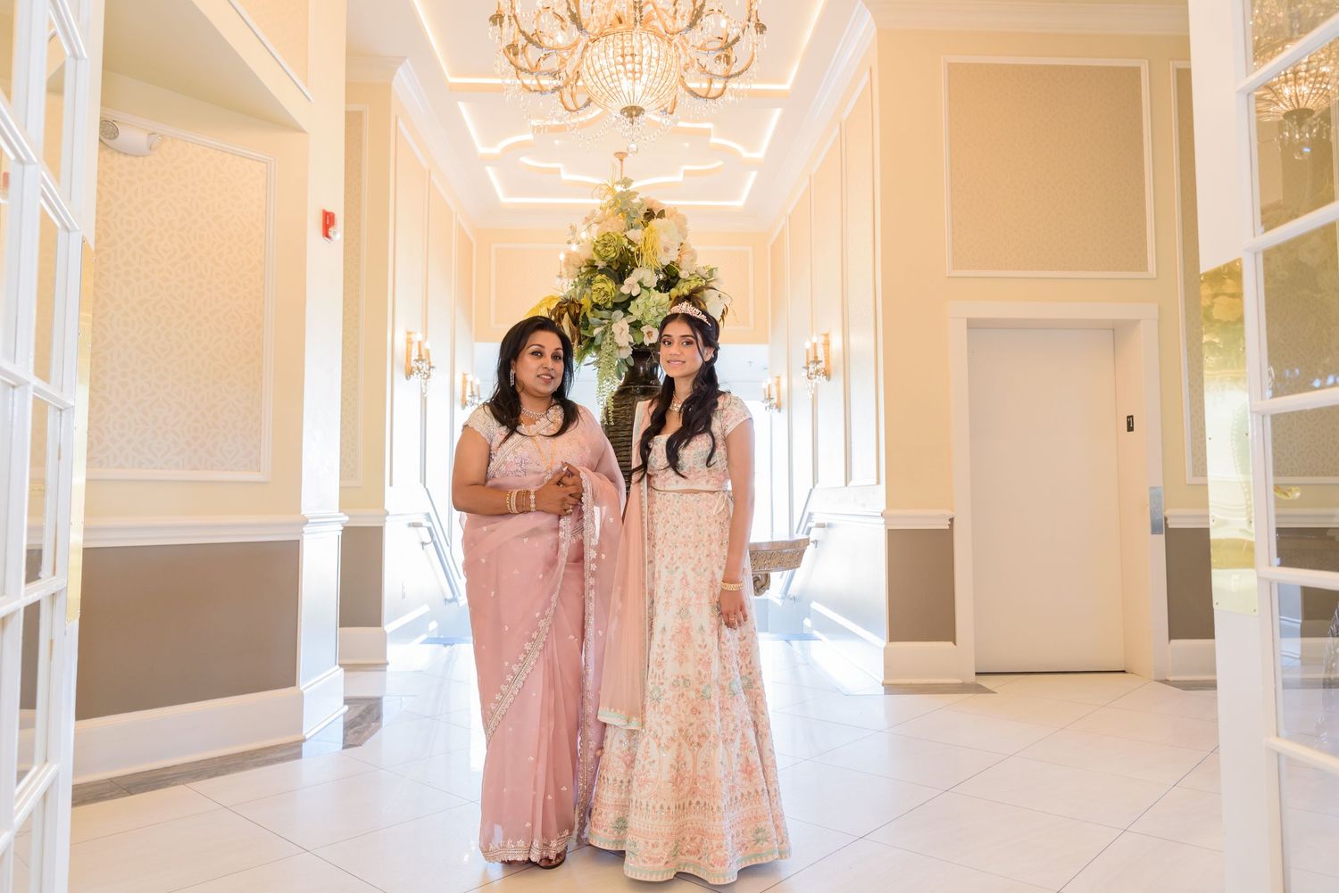 Sweet 16 Birthday pre-event portraits photoshoot at Adelphia Restaurant & Events, Deptford, NJ. Birthday girl and her mom at the entrance.