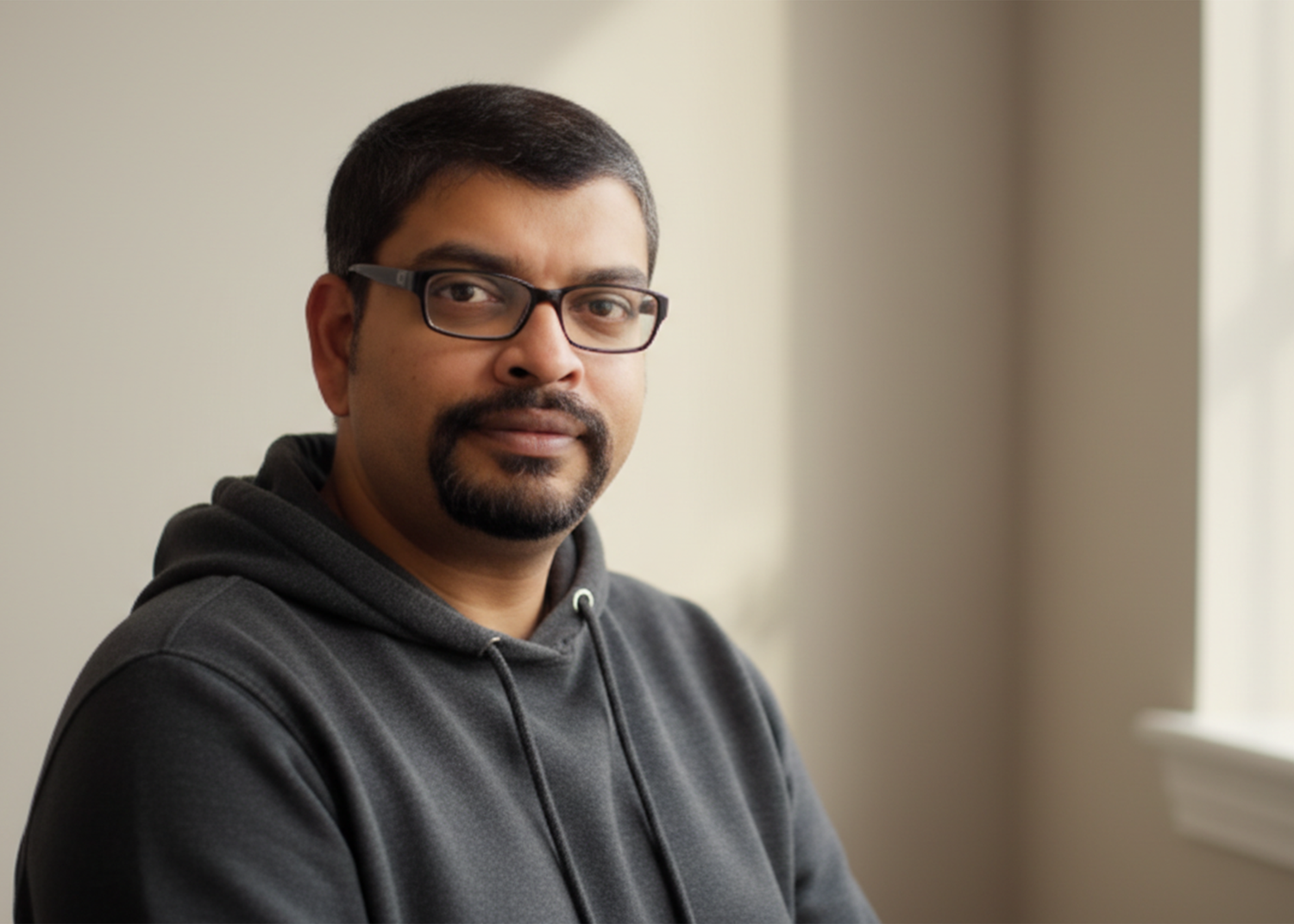A person wearing glasses and a black hoodie sits near a window in soft natural lighting.