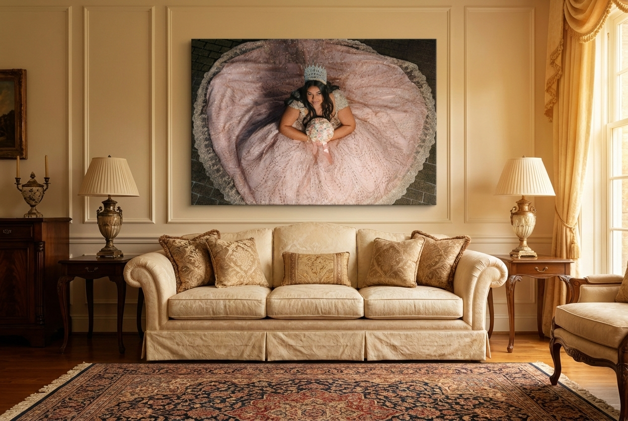 Elegant beige sofa with decorative pillows in a luxurious living room with golden curtains and warm lighting.