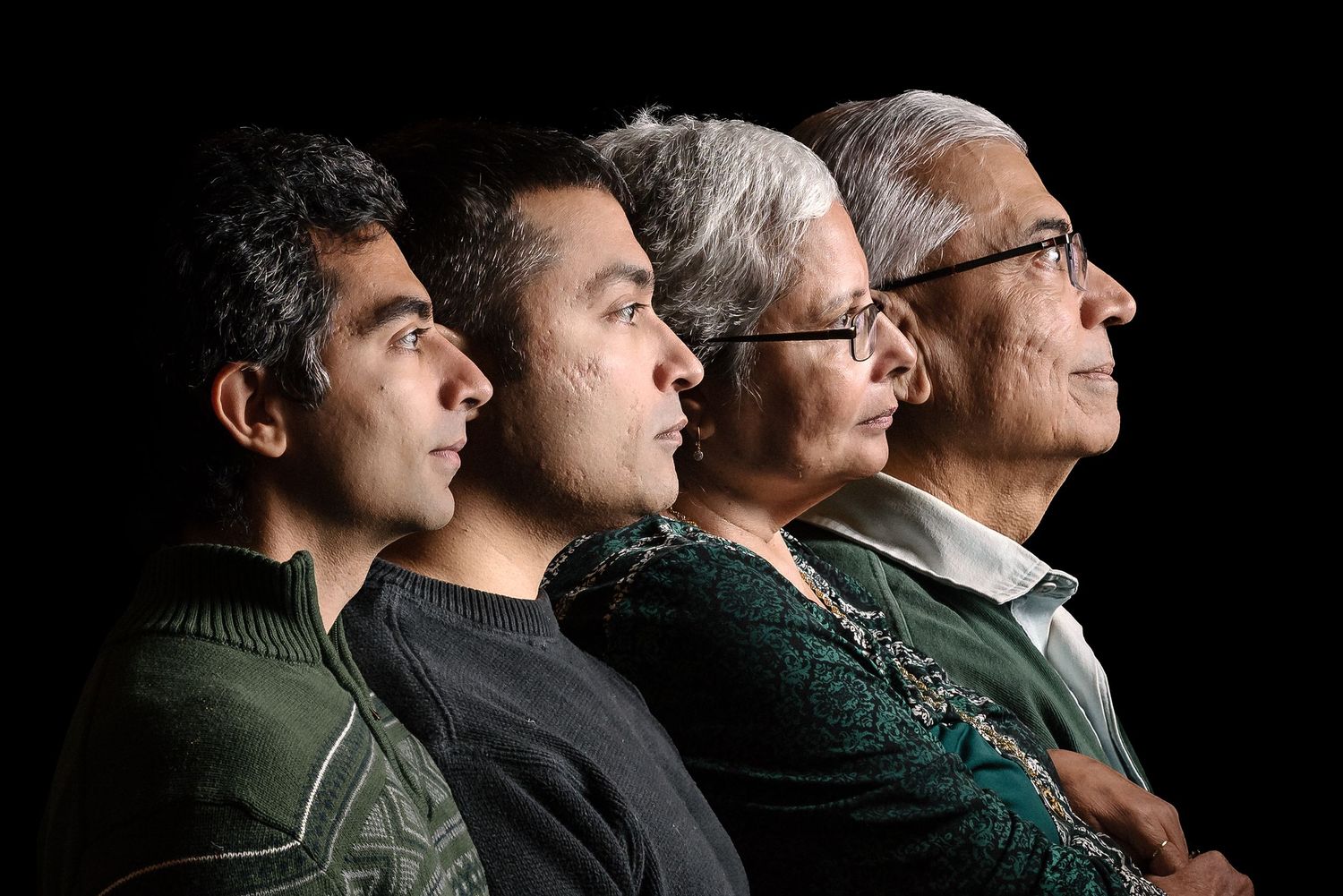 Four people in profile view looking to the right against a dark background in a progressive sequence.