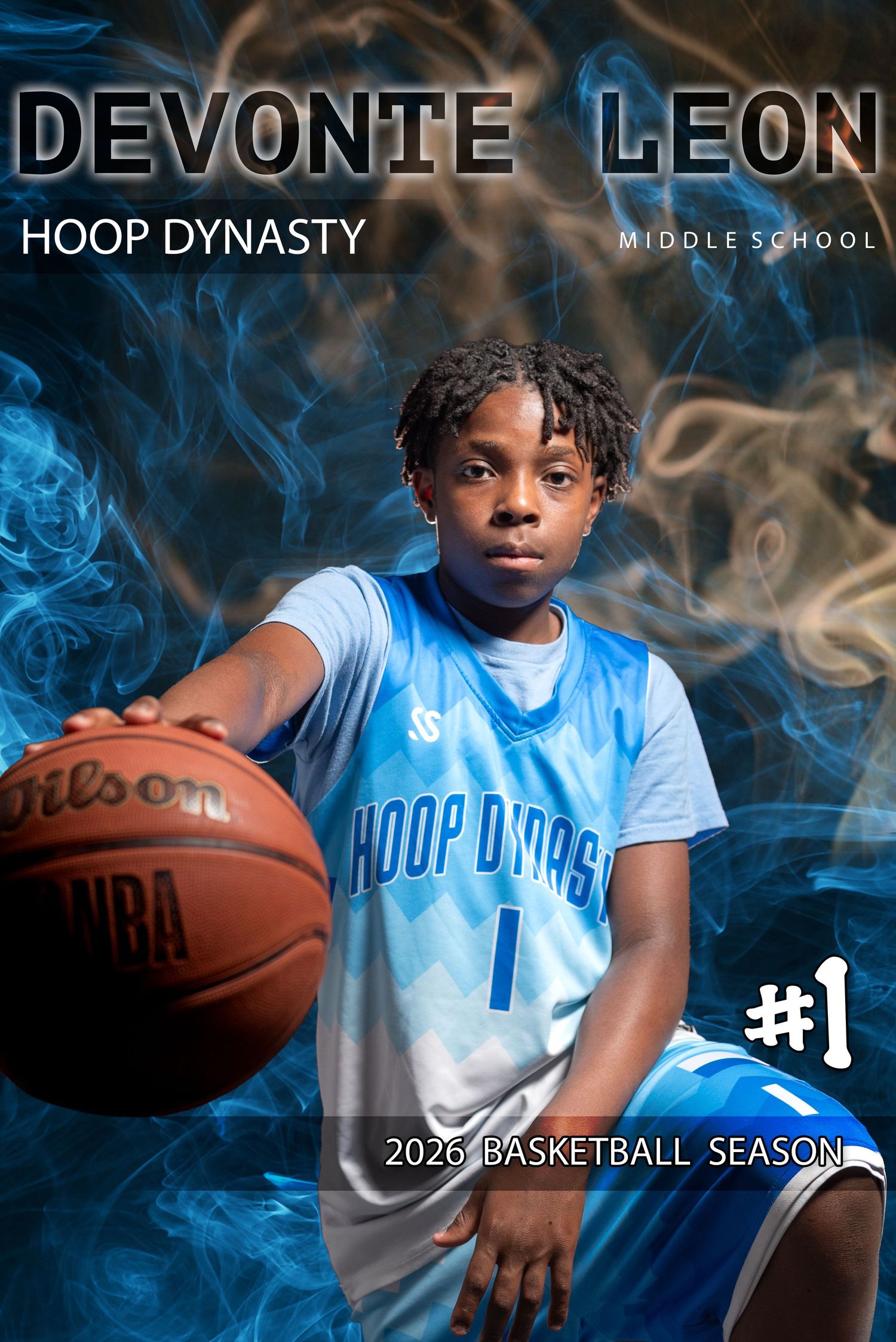 Devonte Leon, Hoop Dynasty middle school basketball player #1, posing with a Wilson NBA ball for the 2026 season.