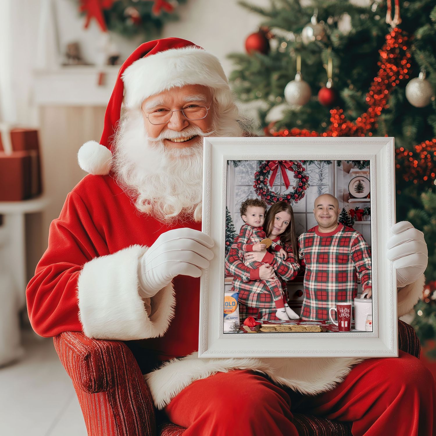 Someone in a traditional red holiday costume sits in a chair holding a framed photograph near a decorated Christmas tree.