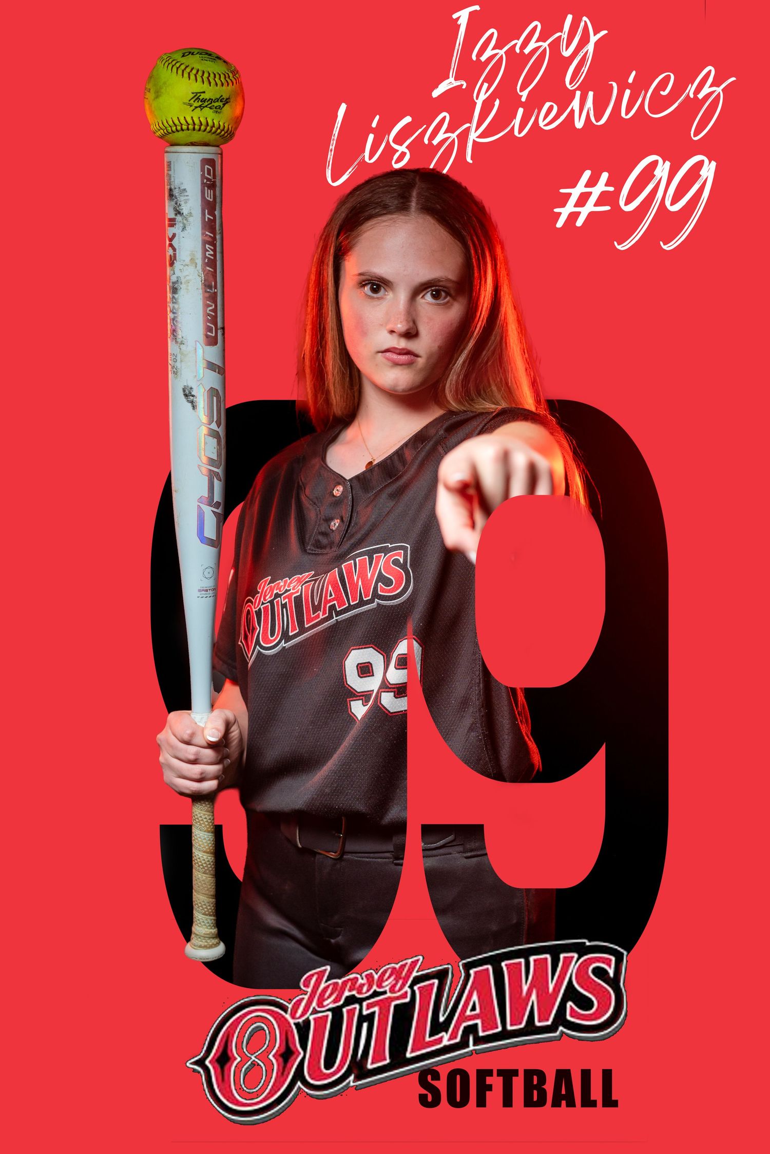 Izzy Liszkiewicz #99 poses with a softball bat in her Jersey Outlaws uniform on a red background.