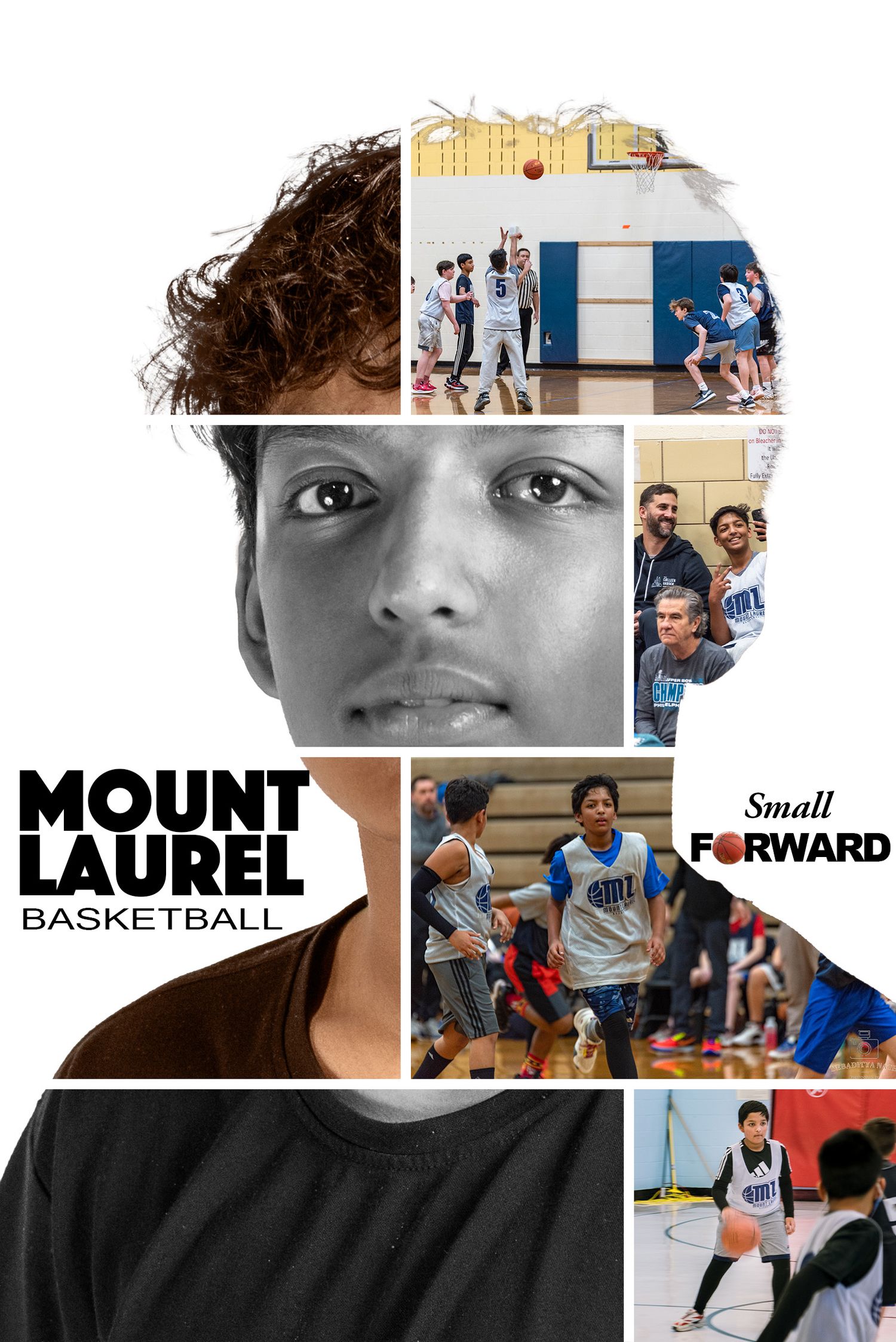 A collage of basketball-themed photos showing players, court action, and team branding elements in black and white.