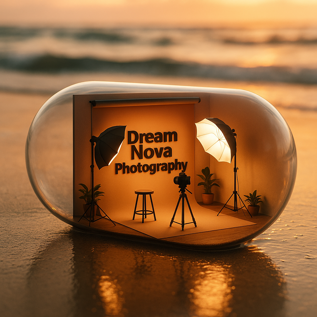 Silhouettes of photography equipment reflected in sunglasses at sunset on a beach.
