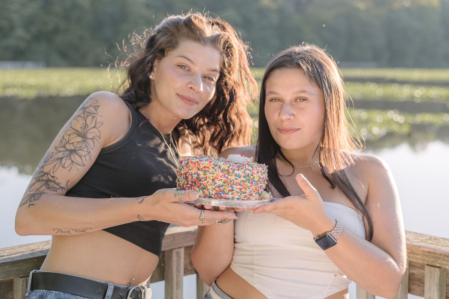 Best friends portrait photoshoot at the Historic Smithville Park, Eastampton, NJ. Birthday celebration, cake cutting by the lake.