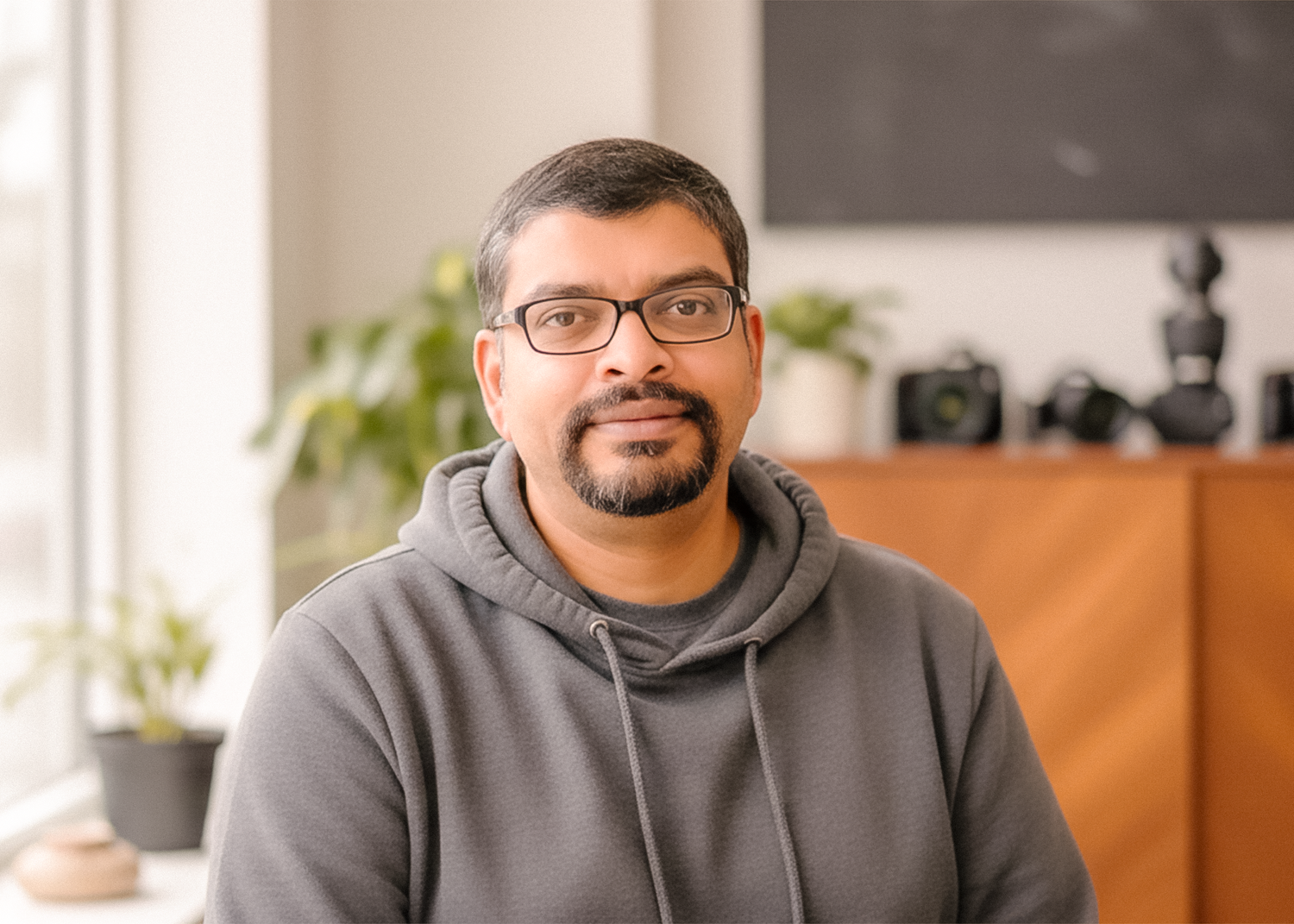 A person wearing glasses and a grey hoodie smiles while sitting in front of a computer workstation.
