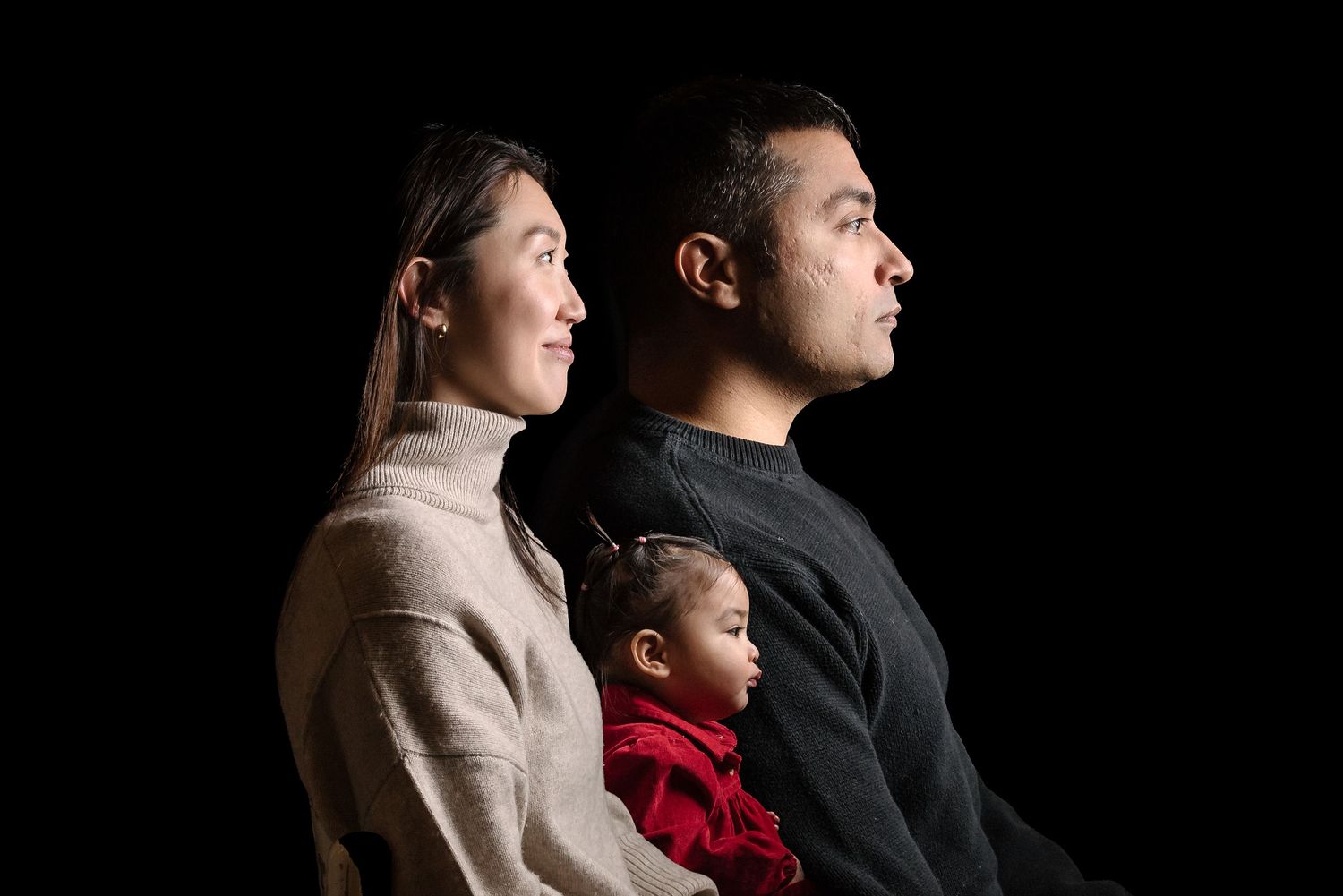 A series of candid profile shots showing people looking to the side in dramatic lighting.