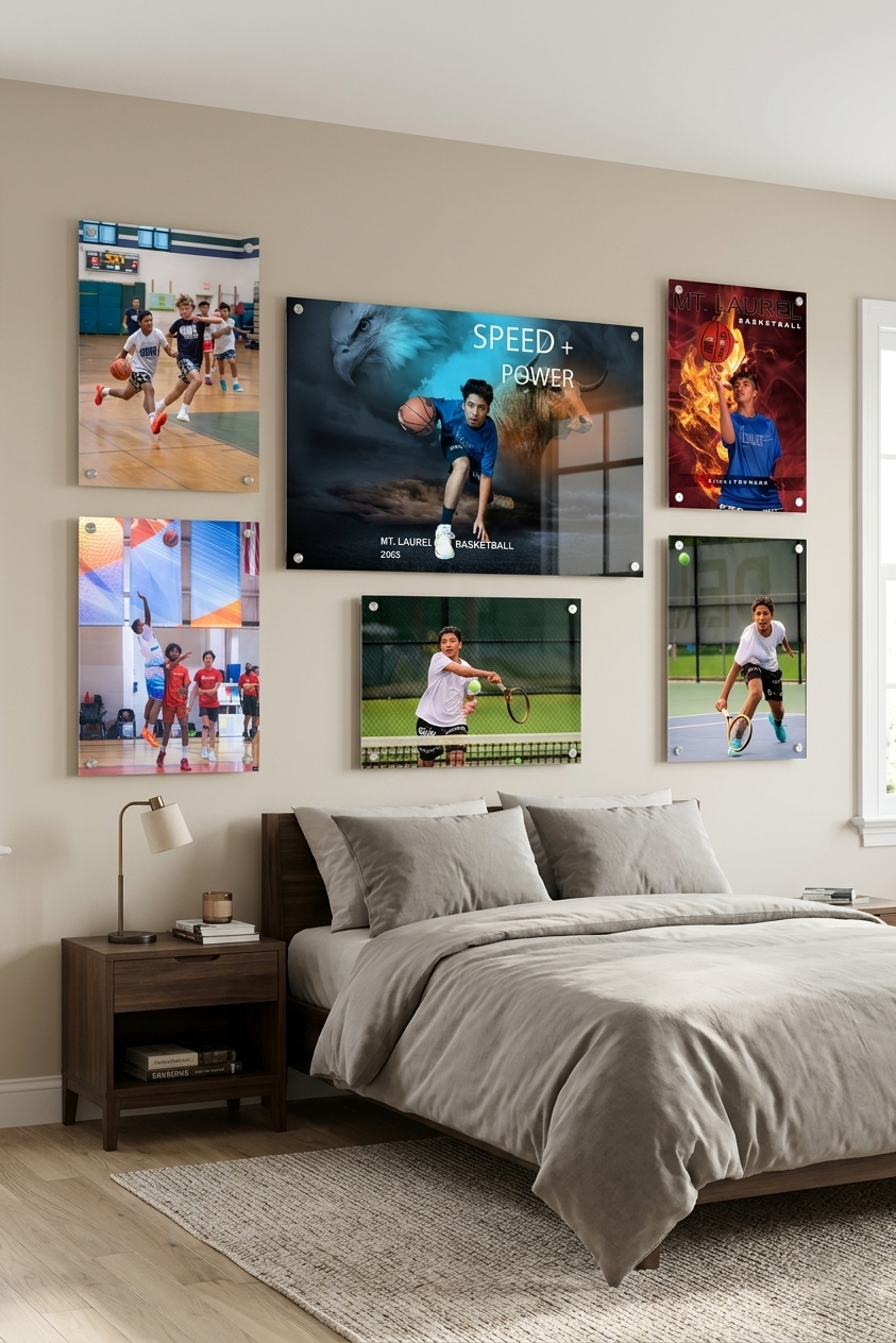 Modern bedroom with gray bedding features a wall gallery of sports action photos and memorabilia above the headboard.