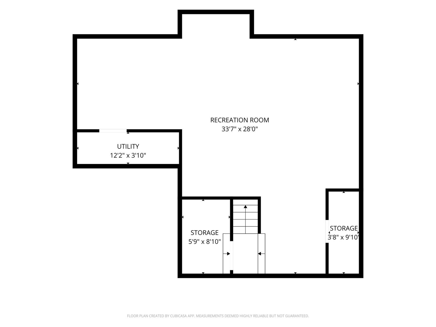 Basement floor plan featuring a recreation room, utility room, and two storage areas with staircase access.
