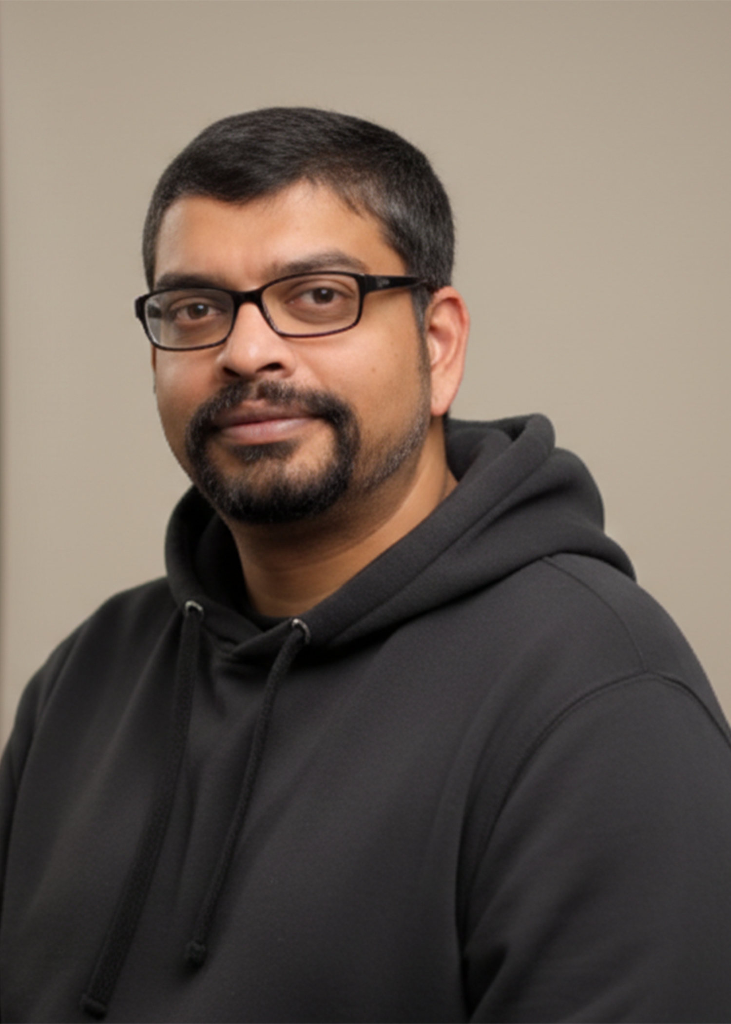 A series of headshots showing a person in a black hoodie and glasses with facial hair against a beige background.