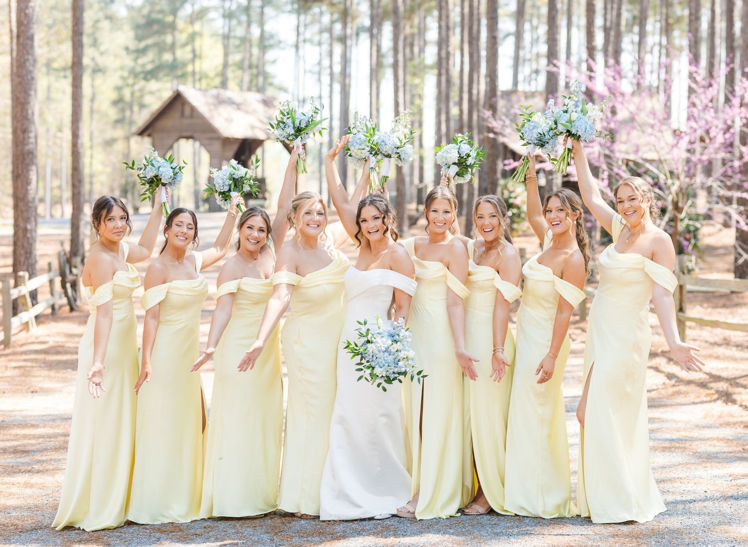 Bride with bridesmaids in yellow dresses celebrate joyfully raising bouquets of blue and white flowers outdoors.