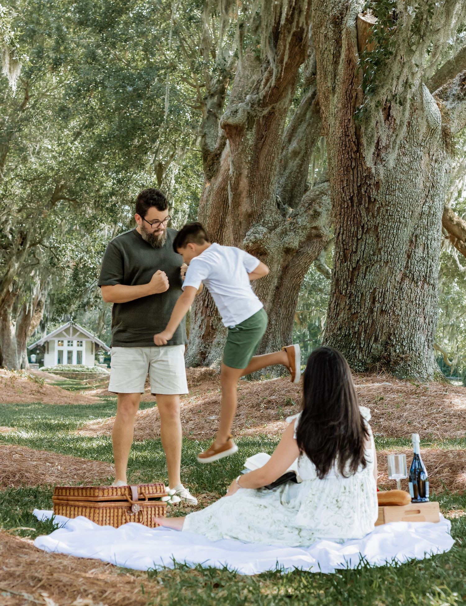 A playful family moment captured during a picnic under moss-covered oak trees.