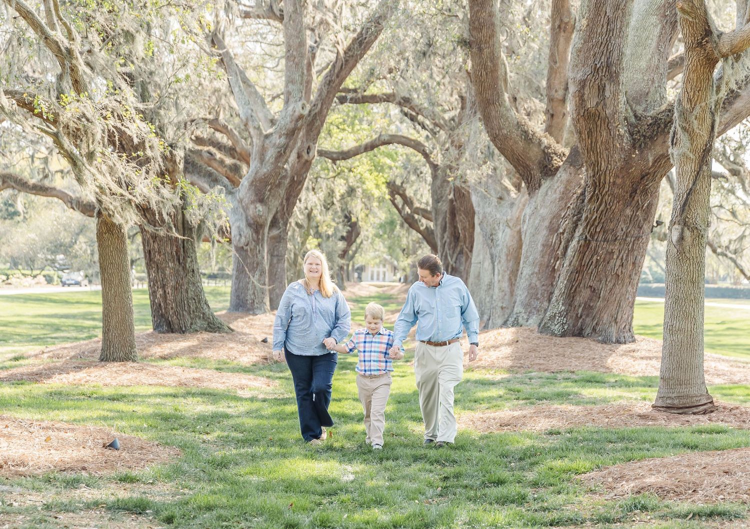 Family walks hand in hand down a tree-lined path during an outdoor photo session.