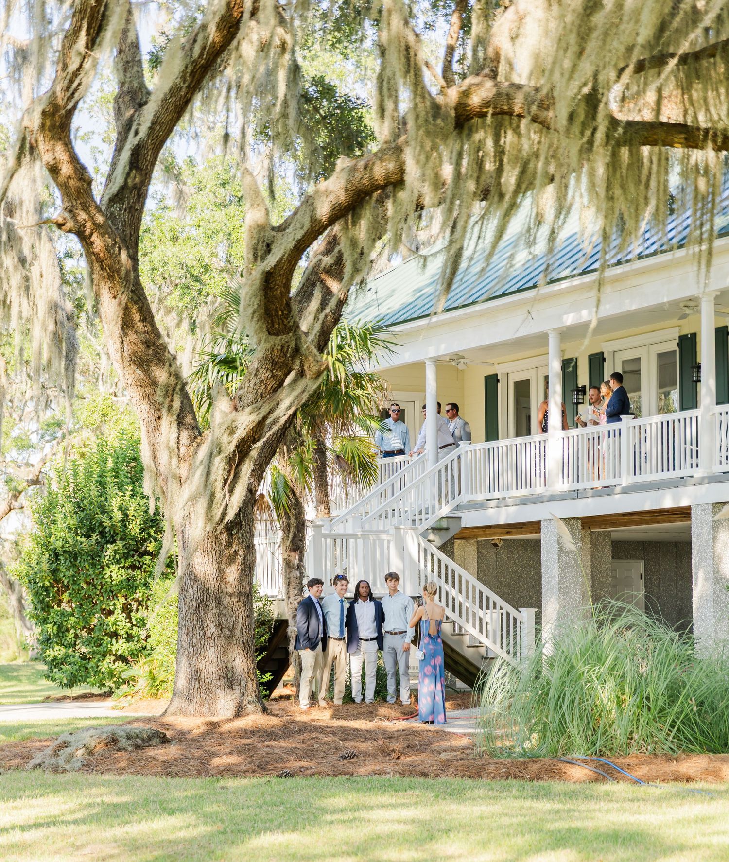 Southern plantation house with Spanish moss draped oak trees and guests gathering on the white porch stairs.
